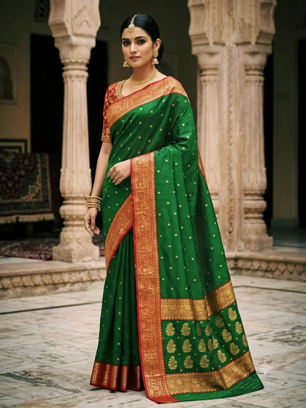Emerald Green with Golden Buti and Border Kataan Silk - Handloom Chanderi Saree