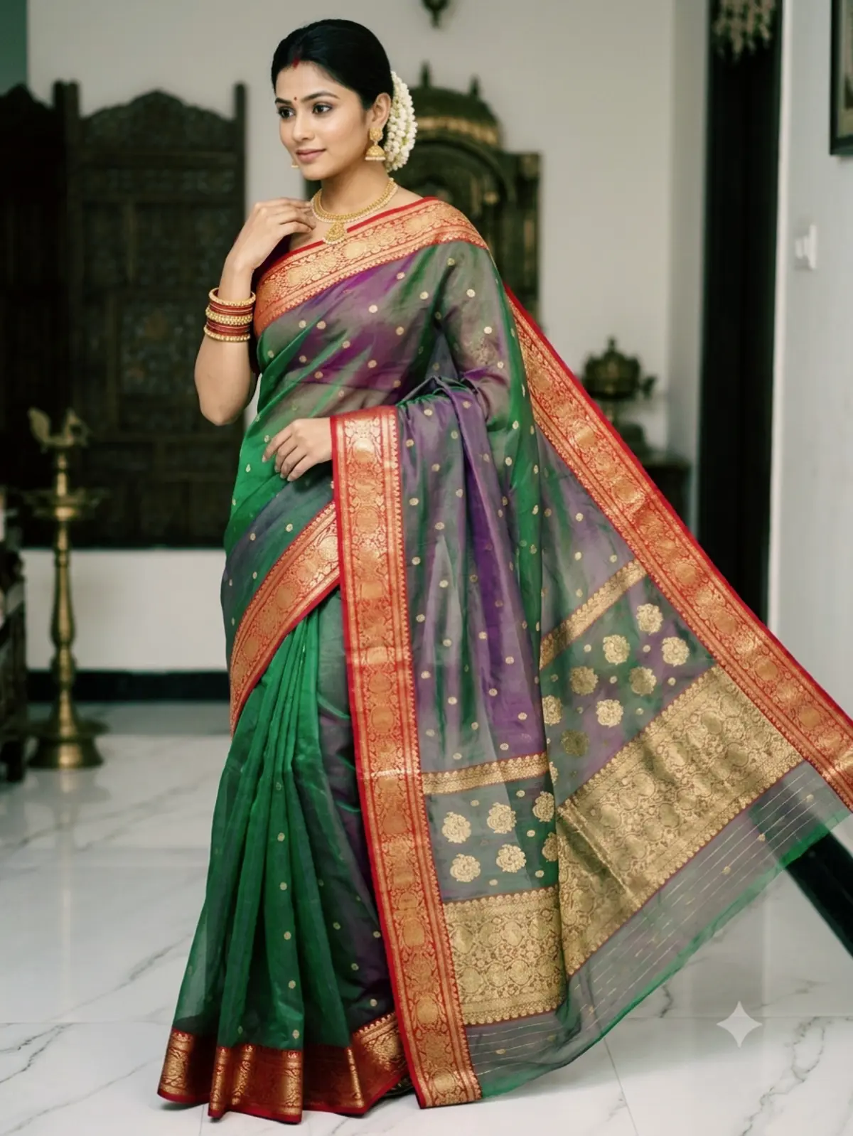 Emerald Green with Royal Purple and Gold Zari Kataan Silk - Handloom Chanderi Saree