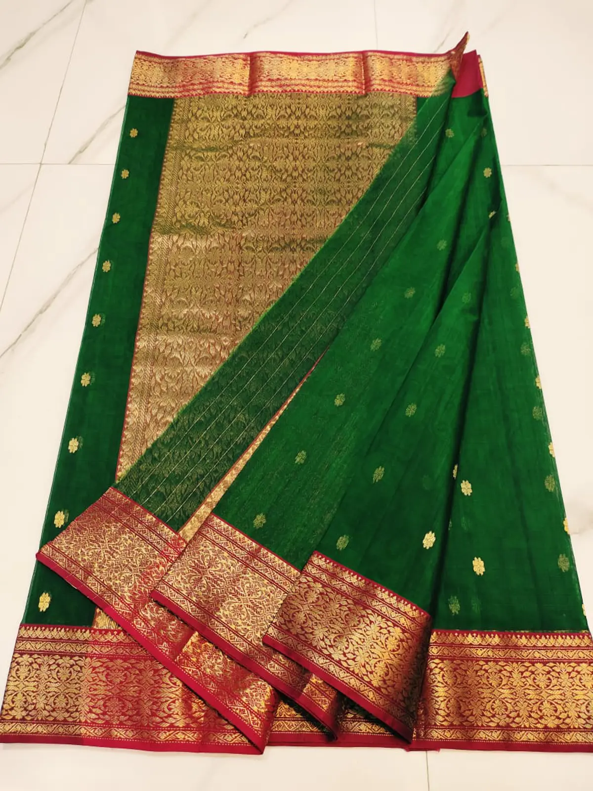 Handwoven Emerald Green & Antique Gold Emerald Grove with Antique Gold Brocade Kataan Silk - Authentic Chanderi Silk Saree Chanderi Saree - View 3