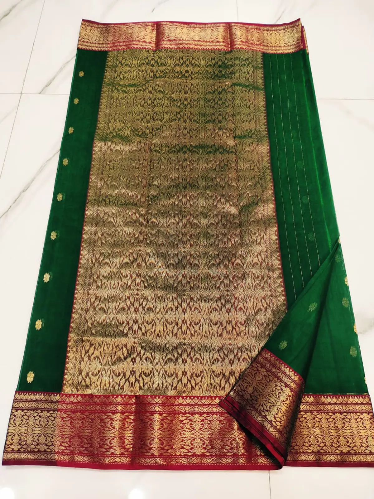 Handwoven Emerald Green & Antique Gold Emerald Grove with Antique Gold Brocade Kataan Silk - Authentic Chanderi Silk Saree Chanderi Saree - View 5