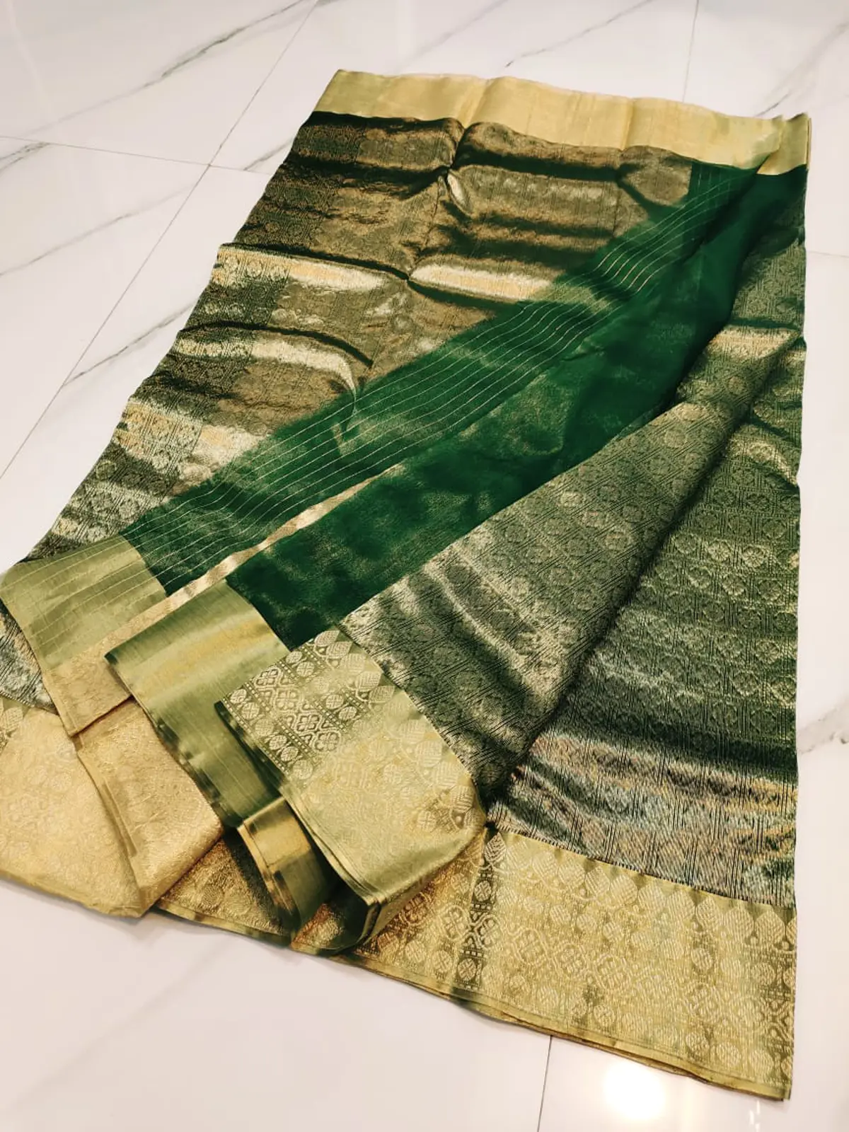 Handwoven Emerald & Antique Gold Emerald Grove with Antique Gold Brocade Kataan Silk - Authentic Chanderi Silk Saree Chanderi Saree - View 3