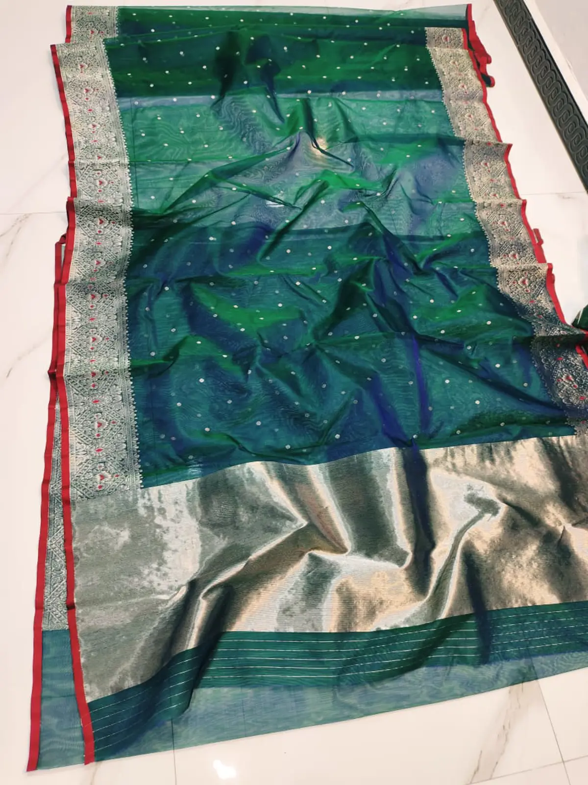 Emerald Teal with Antique Silver and Crimson Accents Kataan Silk Saree - Handloom Chanderi Saree