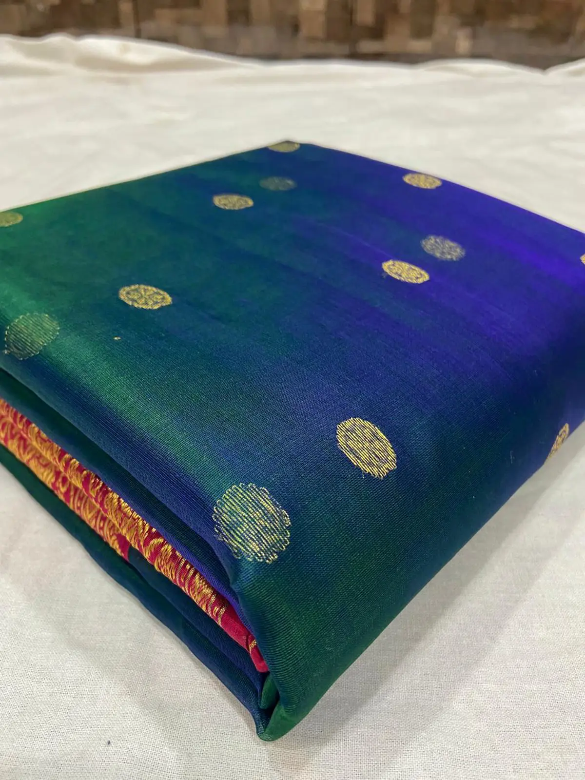 Handwoven Emerald Teal with Antique Gold Zari and Rani Pink Accents Emerald Teal with Opulent Gold Zari Floral Buti Kataan Silk - Authentic Chanderi Silk Saree Chanderi Saree - View 3