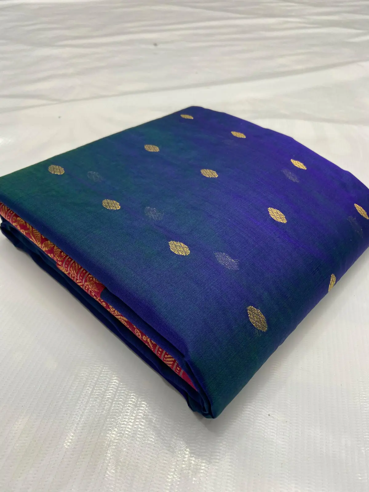 Emerald Twilight to Royal Sapphire with Gold Zari Bootis and Fuchsia Border Kataan Silk - Handloom Chanderi Saree