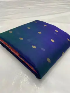 Emerald Twilight to Royal Sapphire with Gold Zari Bootis and Fuchsia Border Kataan Silk