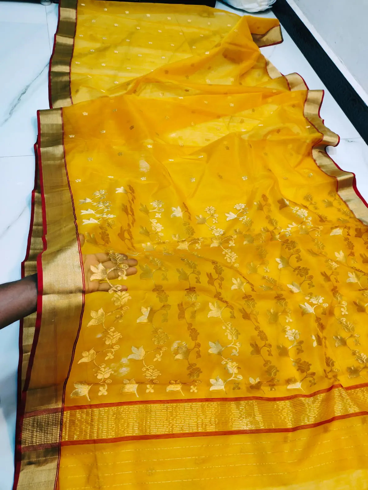 Handwoven Emerald Verdant & Gilded Gold Emerald Verdant with Gilded Floral Jaal Kataan Silk - Authentic Chanderi Silk Saree Chanderi Saree - View 1