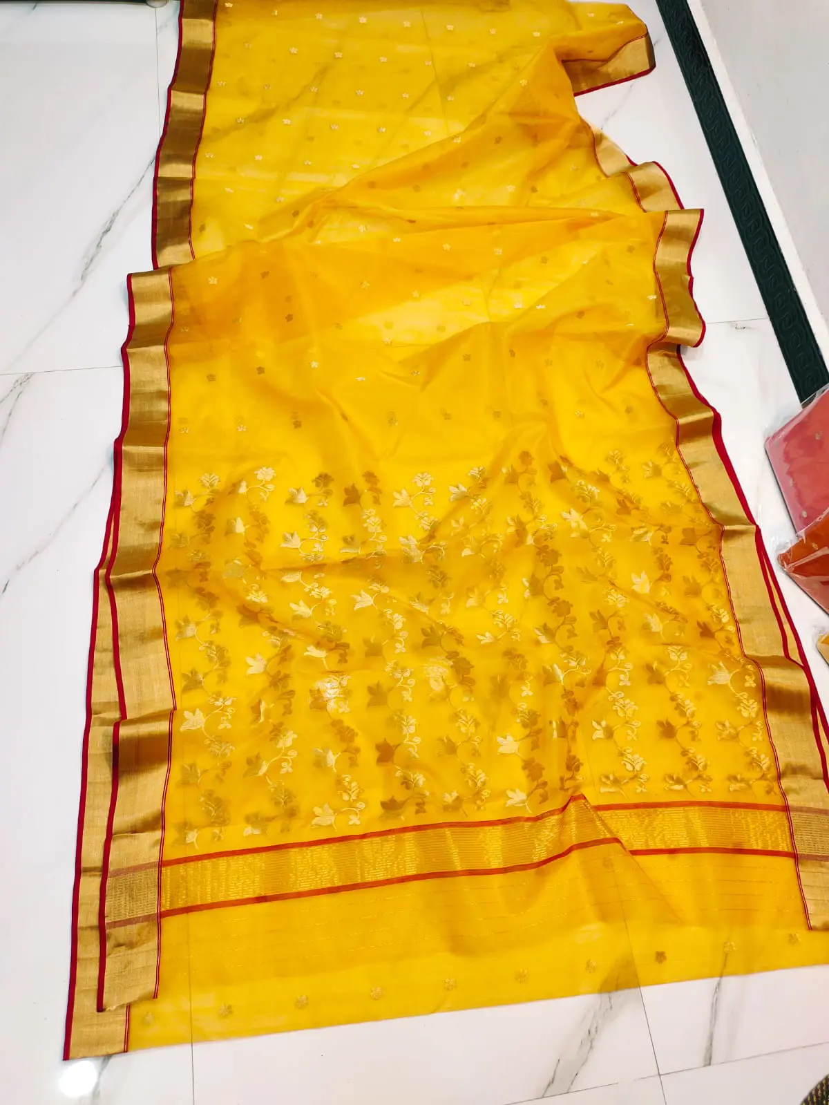 Handwoven Emerald Verdant & Gilded Gold Emerald Verdant with Gilded Floral Jaal Kataan Silk - Authentic Chanderi Silk Saree Chanderi Saree - View 2