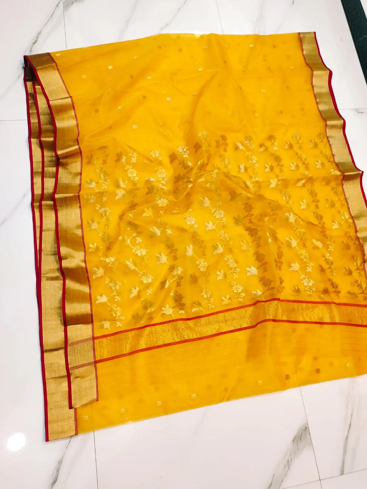 Handwoven Emerald Verdant & Gilded Gold Emerald Verdant with Gilded Floral Jaal Kataan Silk - Authentic Chanderi Silk Saree Chanderi Saree - View 3