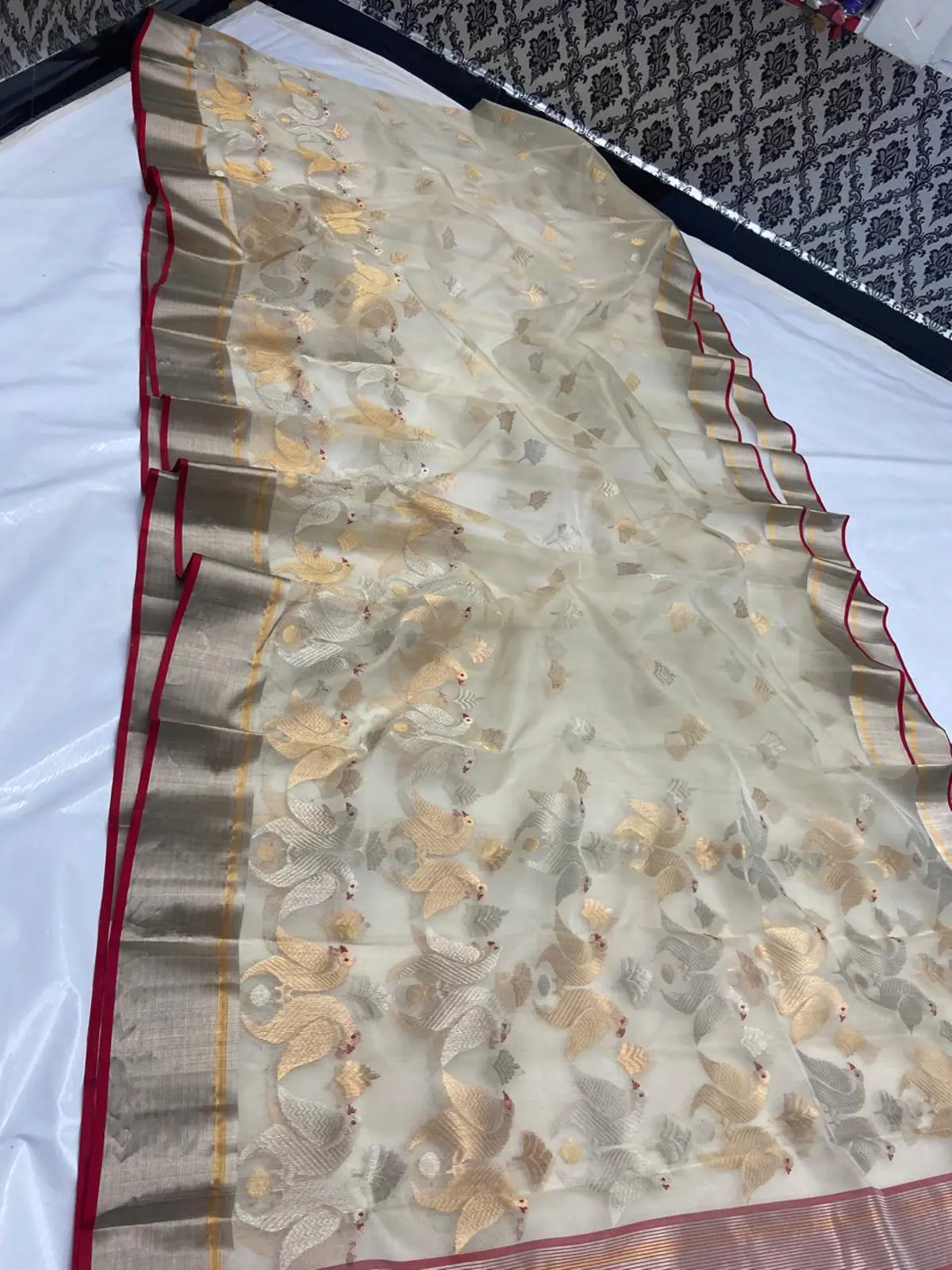 Handwoven Ethereal Ivory, Gold, Silver & Maroon Ethereal Ivory, Gold, Silver & Maroon Kataan Silk Saree - Authentic Chanderi Silk Saree Chanderi Saree - View 1