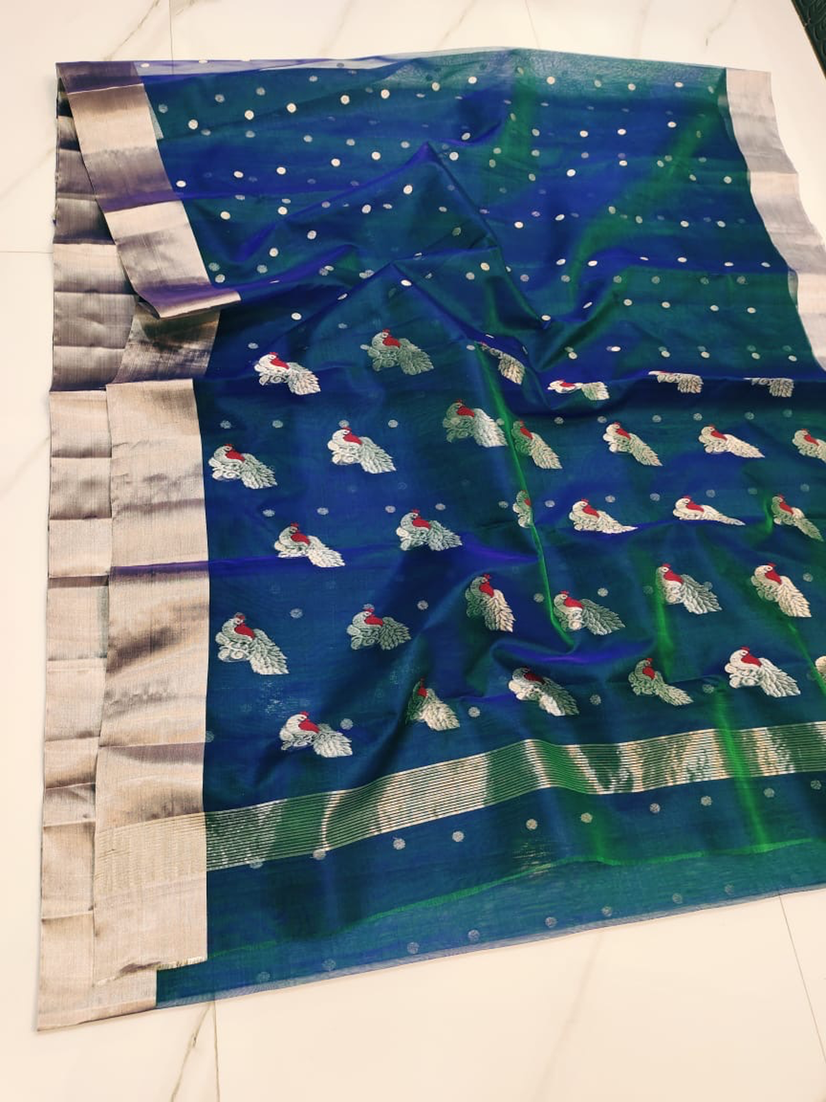 Exquisite Dual Tone Royal Blue Green Pure Katan Silk Saree - Handloom Chanderi Saree