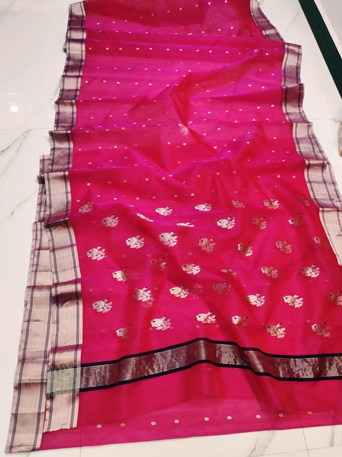 Handwoven Fuchsia & Silver Zari Fuchsia & Silver Zari Kataan Silk Saree - Authentic Chanderi Silk Saree Chanderi Saree - View 1