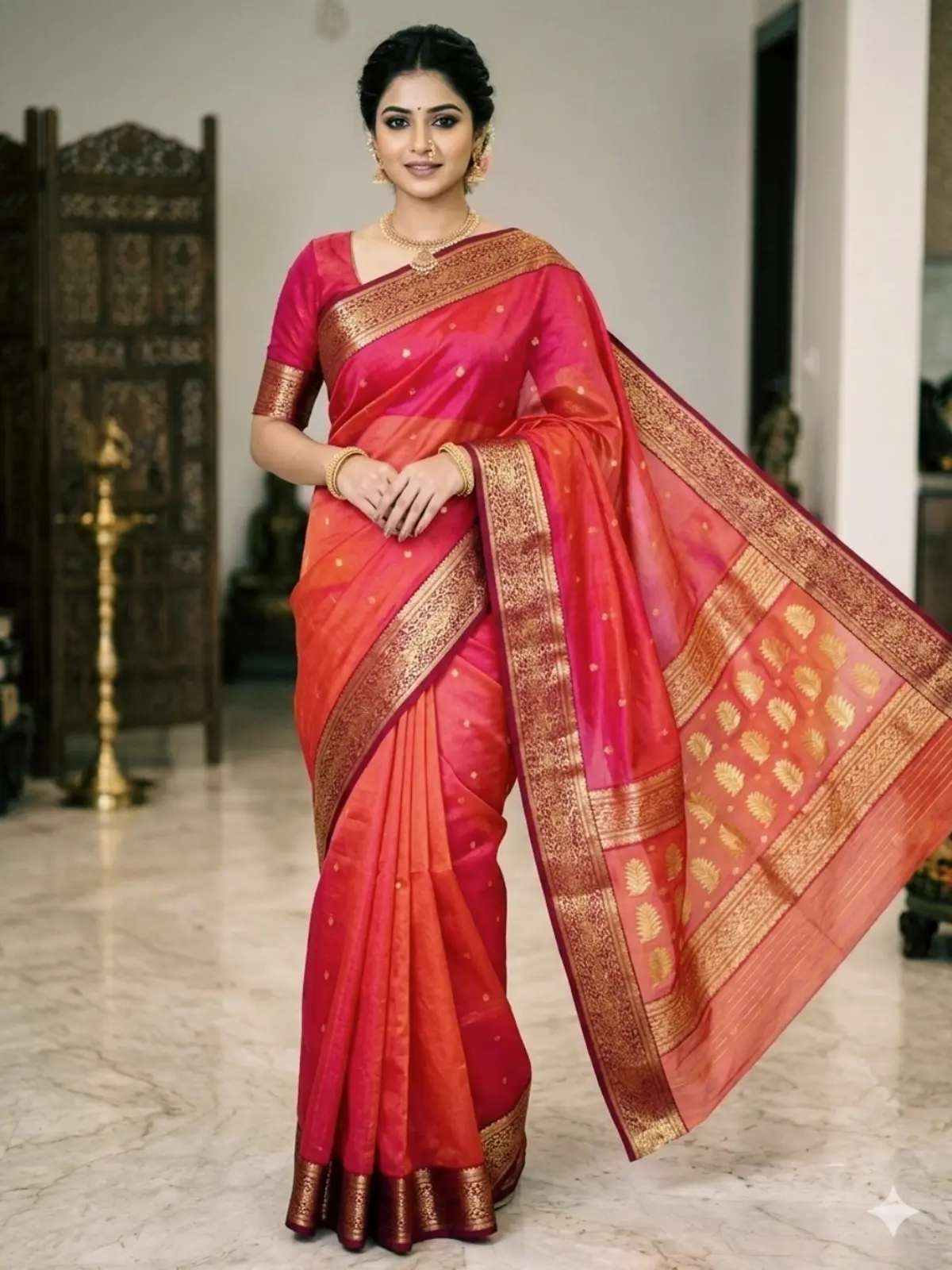 Fuchsia and Coral Ombre with Regal Gold Zari Border and Pallu Chanderi Silk - Handloom Chanderi Saree