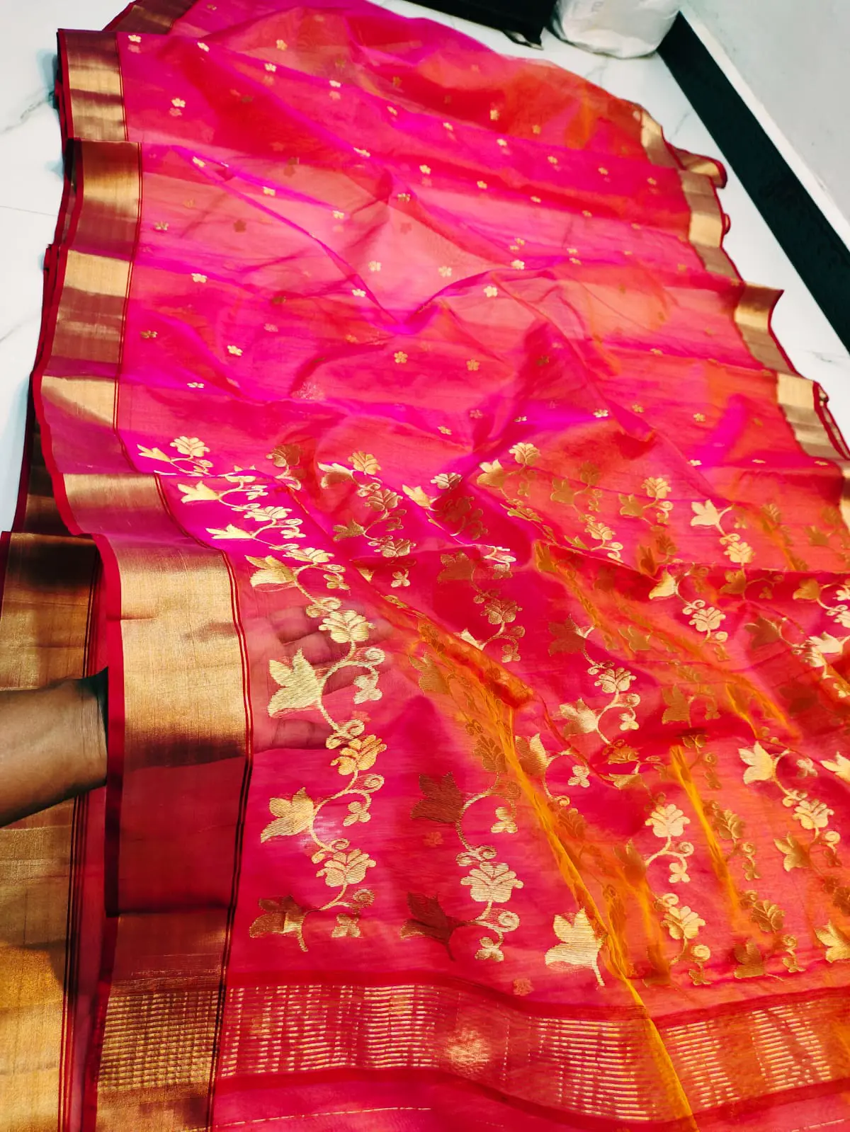 Fuchsia Radiance with Gilded Botanical Weave Chanderi Silk - Handloom Chanderi Saree