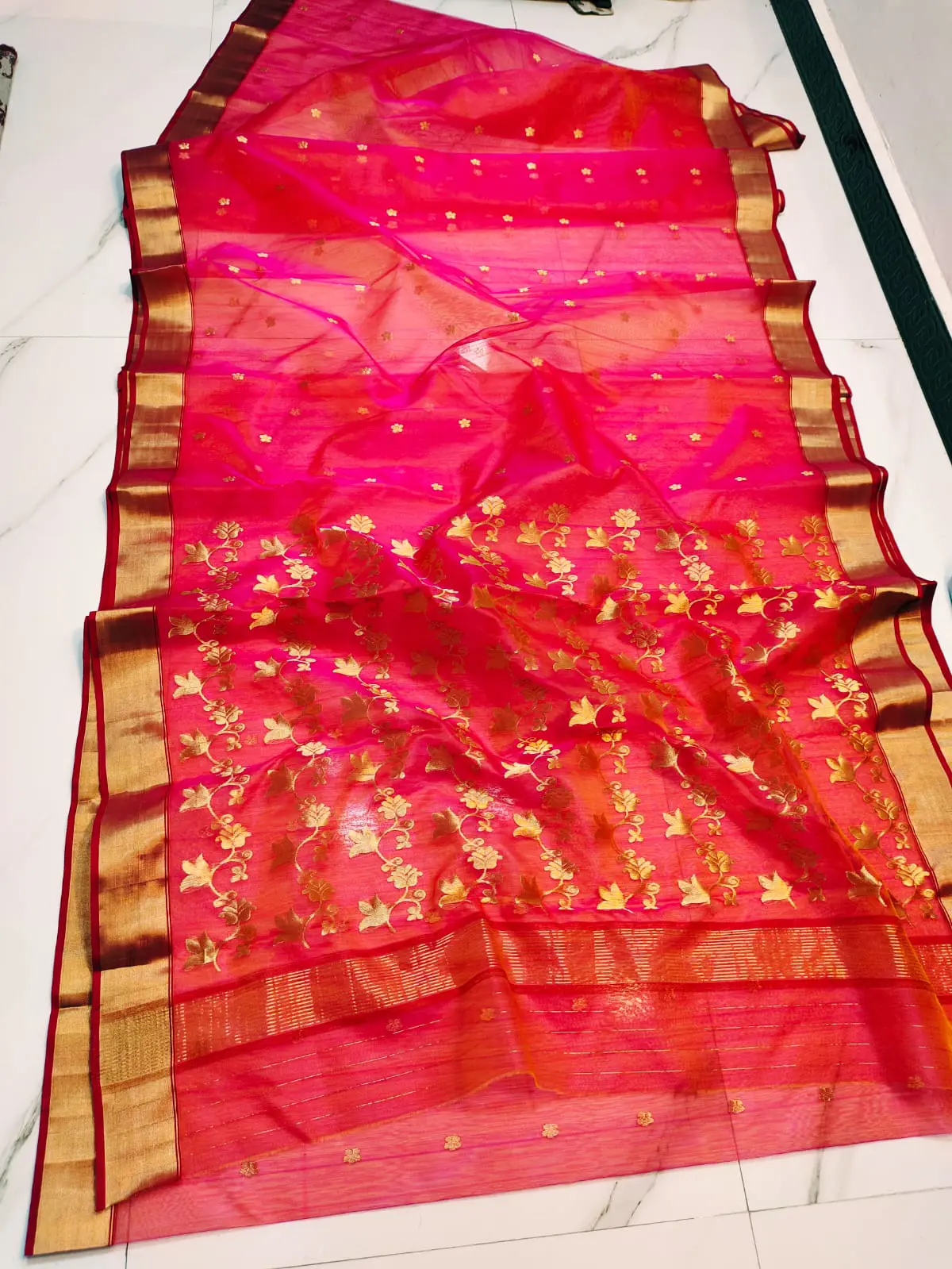 Handwoven Fuchsia & Gilded Gold Fuchsia Radiance with Gilded Botanical Weave Chanderi Silk - Authentic Chanderi Silk Saree Chanderi Saree - View 3