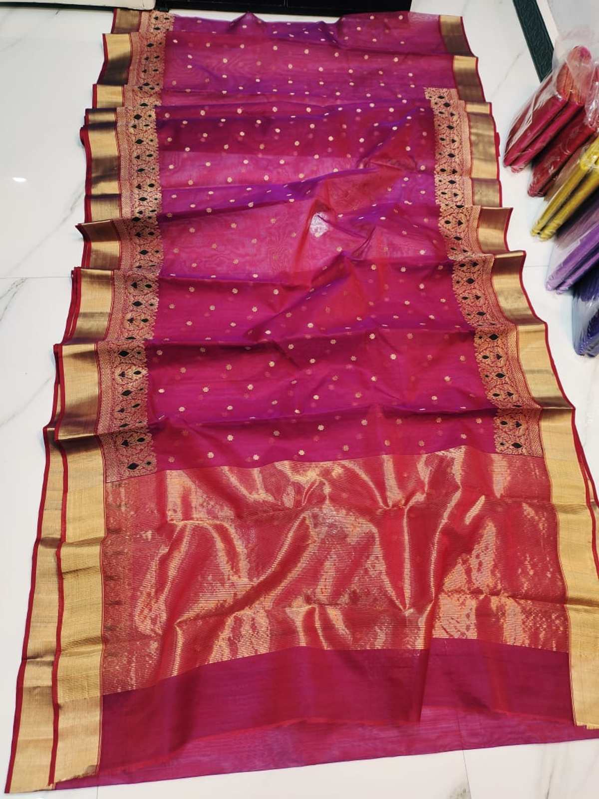 Handwoven Aqua Mist, Gilded Mustard & Sterling Silver Fuchsia Radiance with Opulent Gold Zari and Ebony Detailing Kataan Silk - Authentic Chanderi Silk Saree Chanderi Saree - View 1