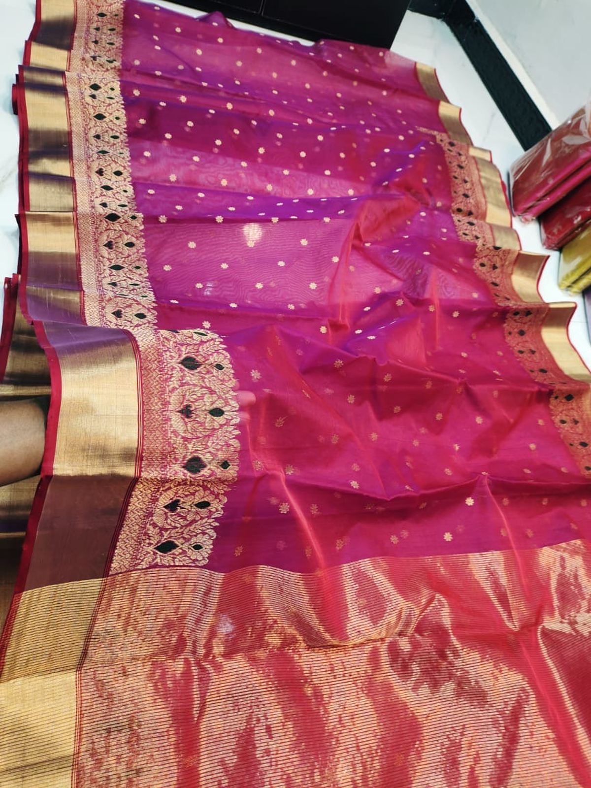 Handwoven Aqua Mist, Gilded Mustard & Sterling Silver Fuchsia Radiance with Opulent Gold Zari and Ebony Detailing Kataan Silk - Authentic Chanderi Silk Saree Chanderi Saree - View 2
