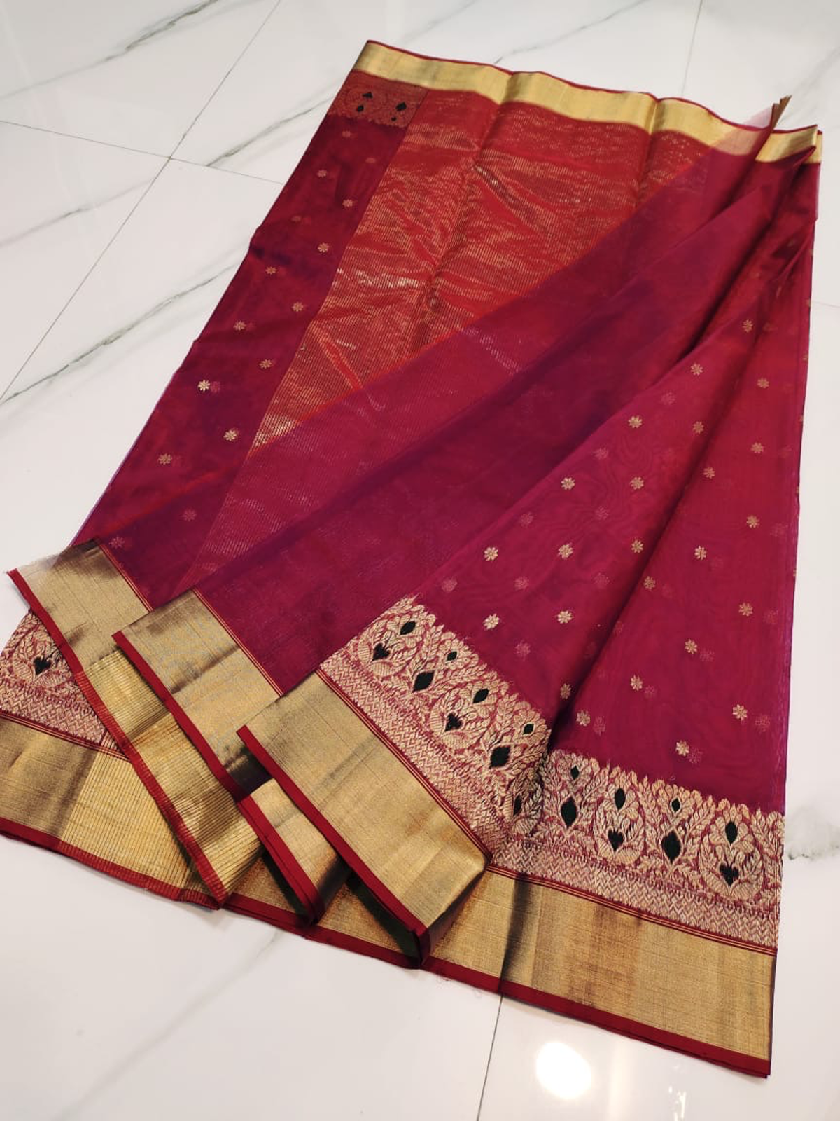 Handwoven Aqua Mist, Gilded Mustard & Sterling Silver Fuchsia Radiance with Opulent Gold Zari and Ebony Detailing Kataan Silk - Authentic Chanderi Silk Saree Chanderi Saree - View 3