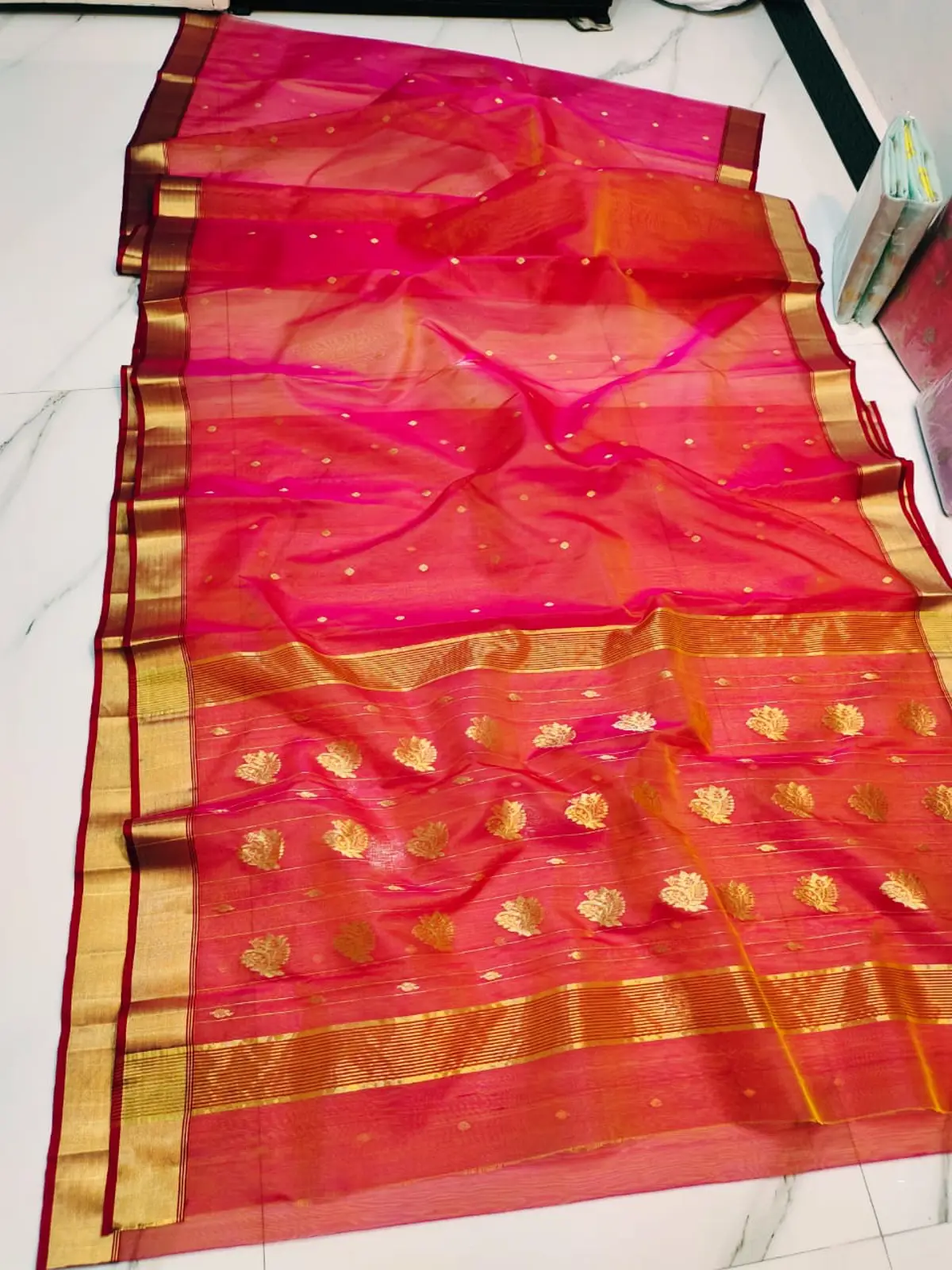 Handwoven Fuchsia Sunset with Golden Zari Fuchsia Sunset with Intricate Gold Zari Booti Kataan Silk - Authentic Chanderi Silk Saree Chanderi Saree - View 2