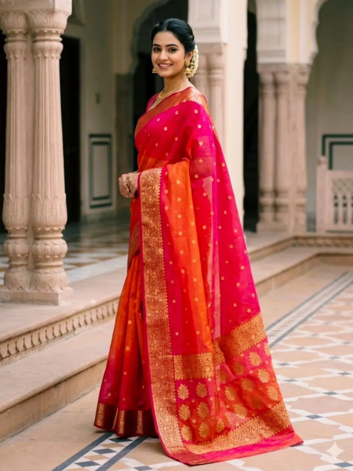 Handwoven Fuchsia & Tangerine Gold Fuchsia Sunset with Opulent Gold Zari Buti Kataan Silk - Authentic Chanderi Silk Saree Chanderi Saree - View 1
