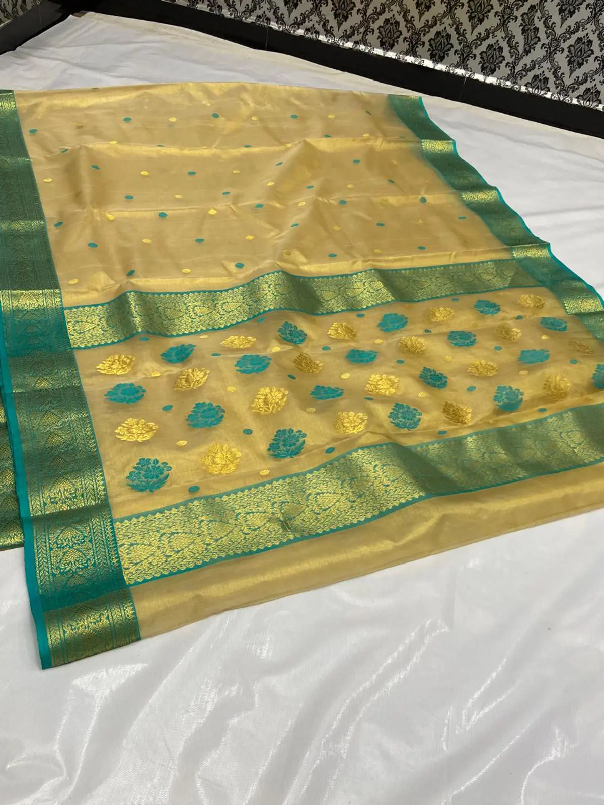 Handwoven Gilded Marigold & Verdant Emerald Gilded Marigold & Verdant Emerald Tissue Silk Saree - Authentic Tissue Chanderi Saree - View 1