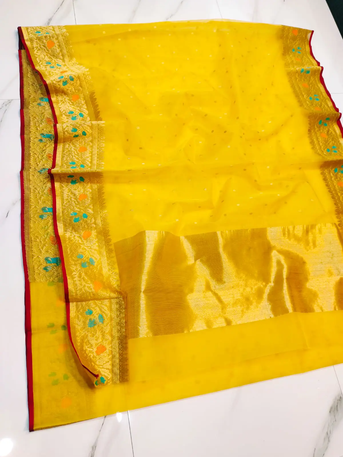 Handwoven Gilded Marigold with Teal & Tangerine Meenakari Gilded Marigold with Teal & Tangerine Meenakari Kataan Silk Saree - Authentic Chanderi Silk Saree Chanderi Saree - View 1