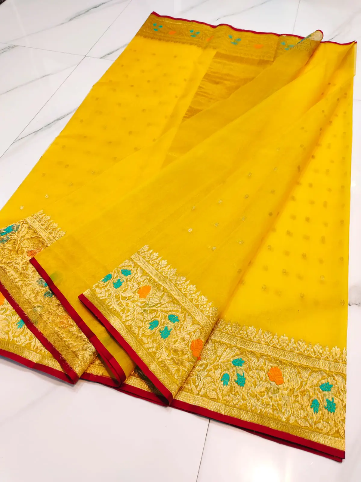 Handwoven Gilded Marigold with Teal & Tangerine Meenakari Gilded Marigold with Teal & Tangerine Meenakari Kataan Silk Saree - Authentic Chanderi Silk Saree Chanderi Saree - View 2