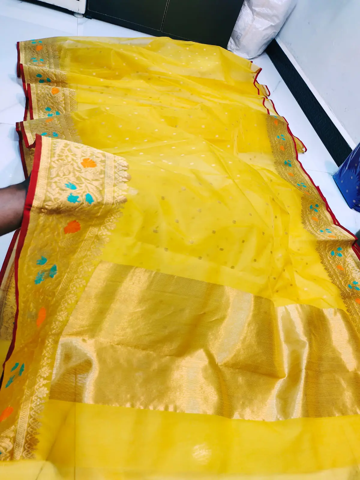 Handwoven Gilded Marigold with Teal & Tangerine Meenakari Gilded Marigold with Teal & Tangerine Meenakari Kataan Silk Saree - Authentic Chanderi Silk Saree Chanderi Saree - View 3