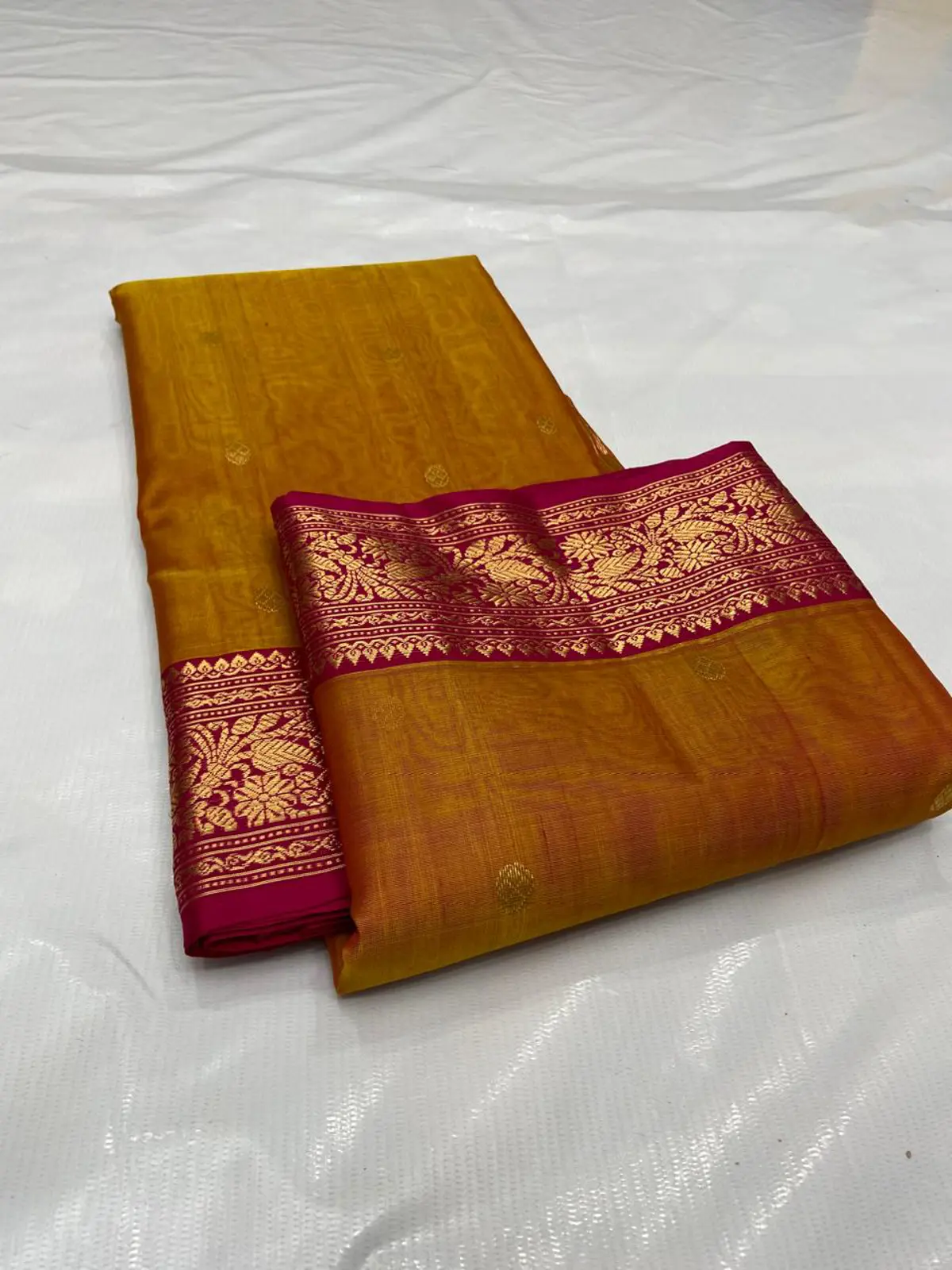 Handwoven Gilded Mustard & Rani Pink Gilded Mustard with Rani Pink Peacock Zari Border Kataan Silk - Authentic Chanderi Silk Saree Chanderi Saree