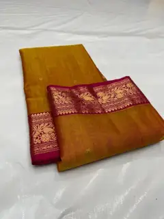 Gilded Mustard with Rani Pink Peacock Zari Border Kataan Silk