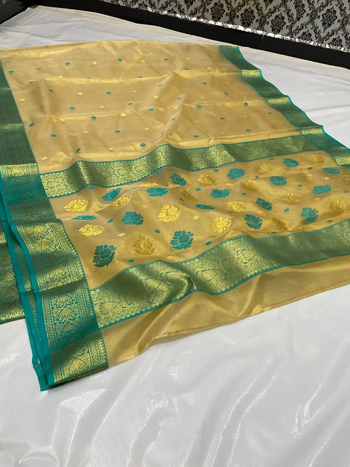 Gilded Ochre with Aqua and Gold Meenakari Buttis Chanderi Saree - Handloom Chanderi Saree