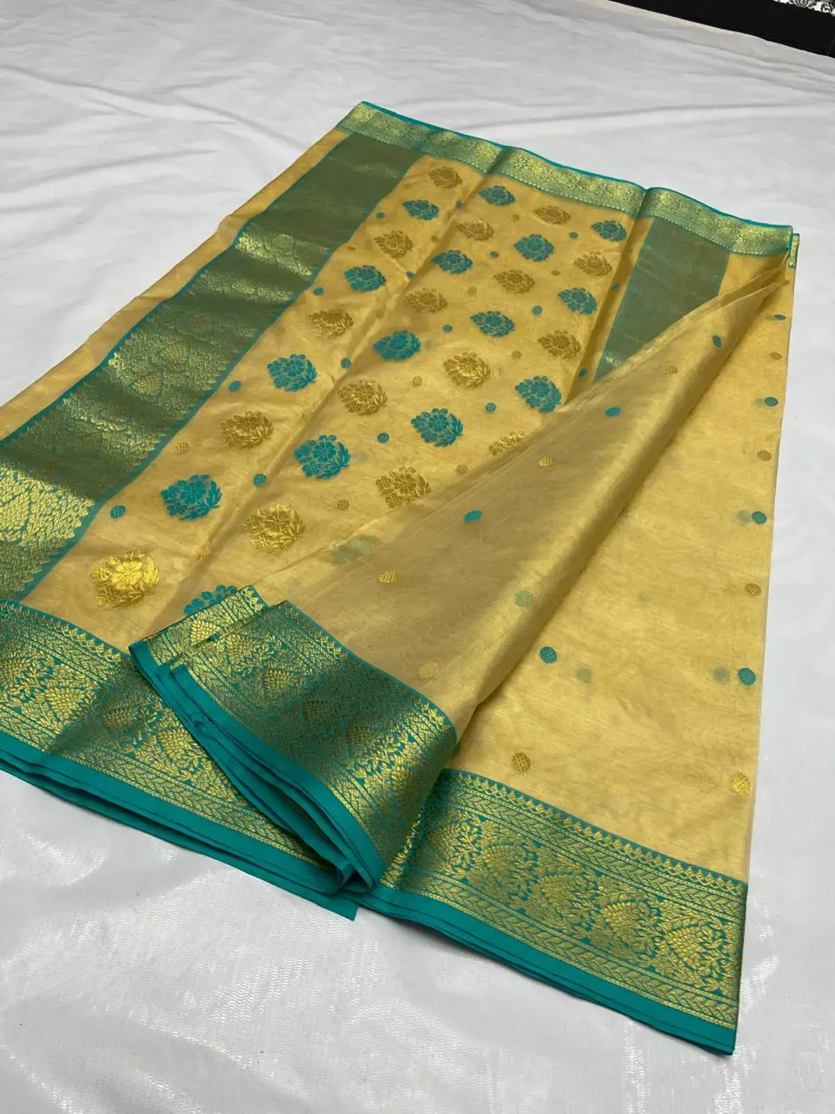 Handwoven Gilded Ochre & Aqua Gilded Ochre with Aqua and Gold Meenakari Buttis Chanderi Saree - Authentic Chanderi Silk Saree Chanderi Saree - View 3