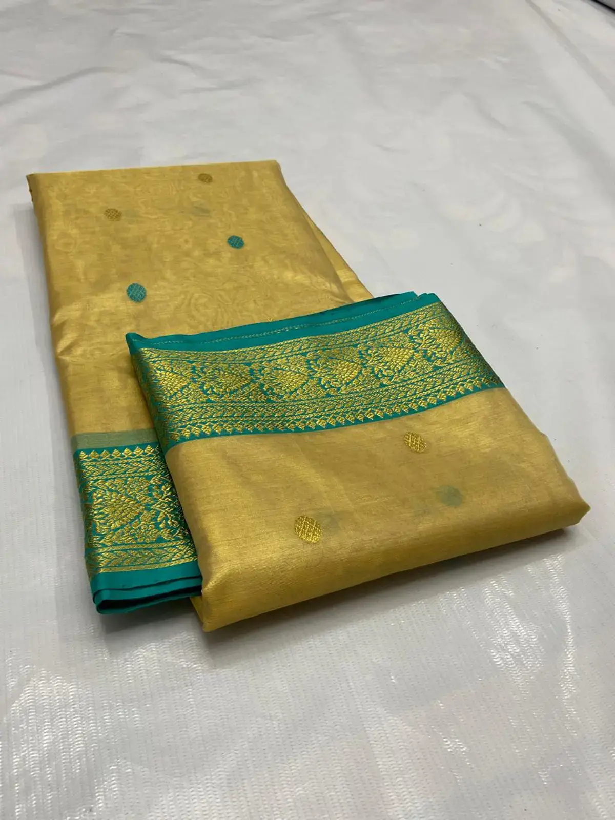 Handwoven Gilded Ochre & Aqua Gilded Ochre with Aqua and Gold Meenakari Buttis Chanderi Saree - Authentic Chanderi Silk Saree Chanderi Saree - View 4
