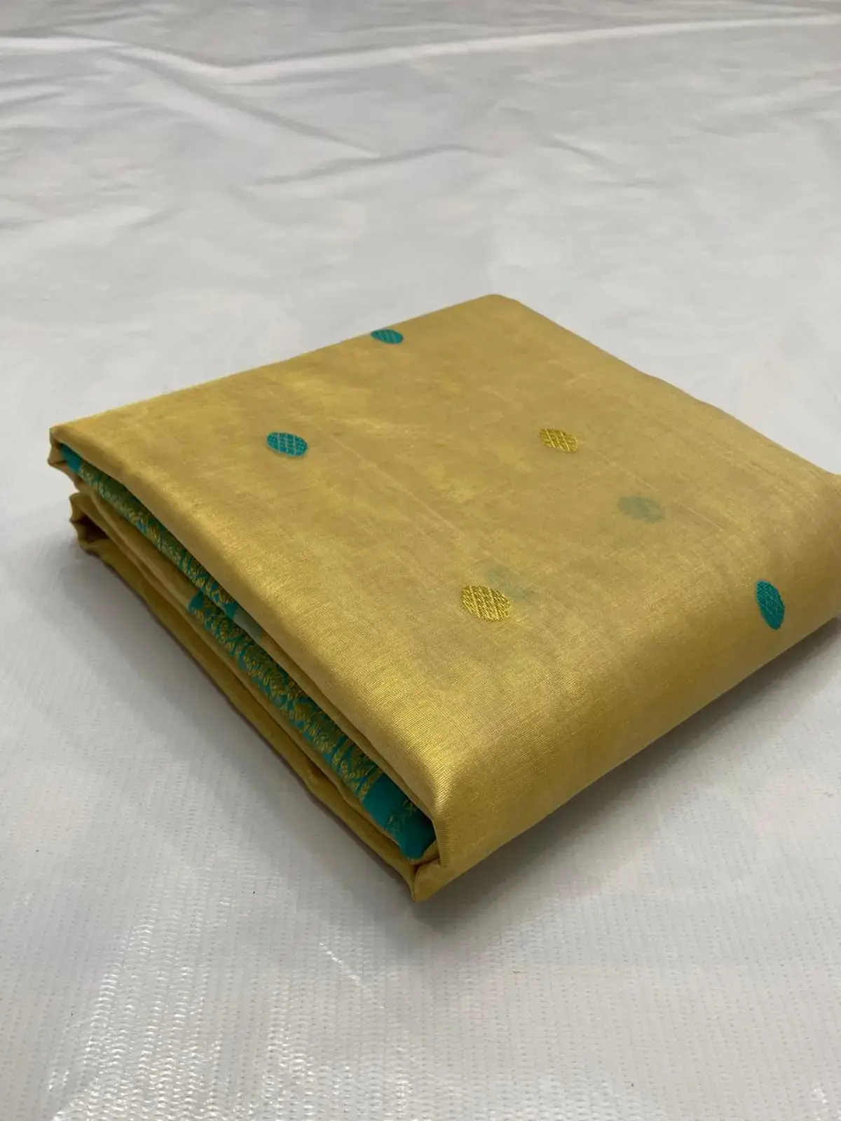 Handwoven Gilded Ochre & Aqua Gilded Ochre with Aqua and Gold Meenakari Buttis Chanderi Saree - Authentic Chanderi Silk Saree Chanderi Saree - View 5