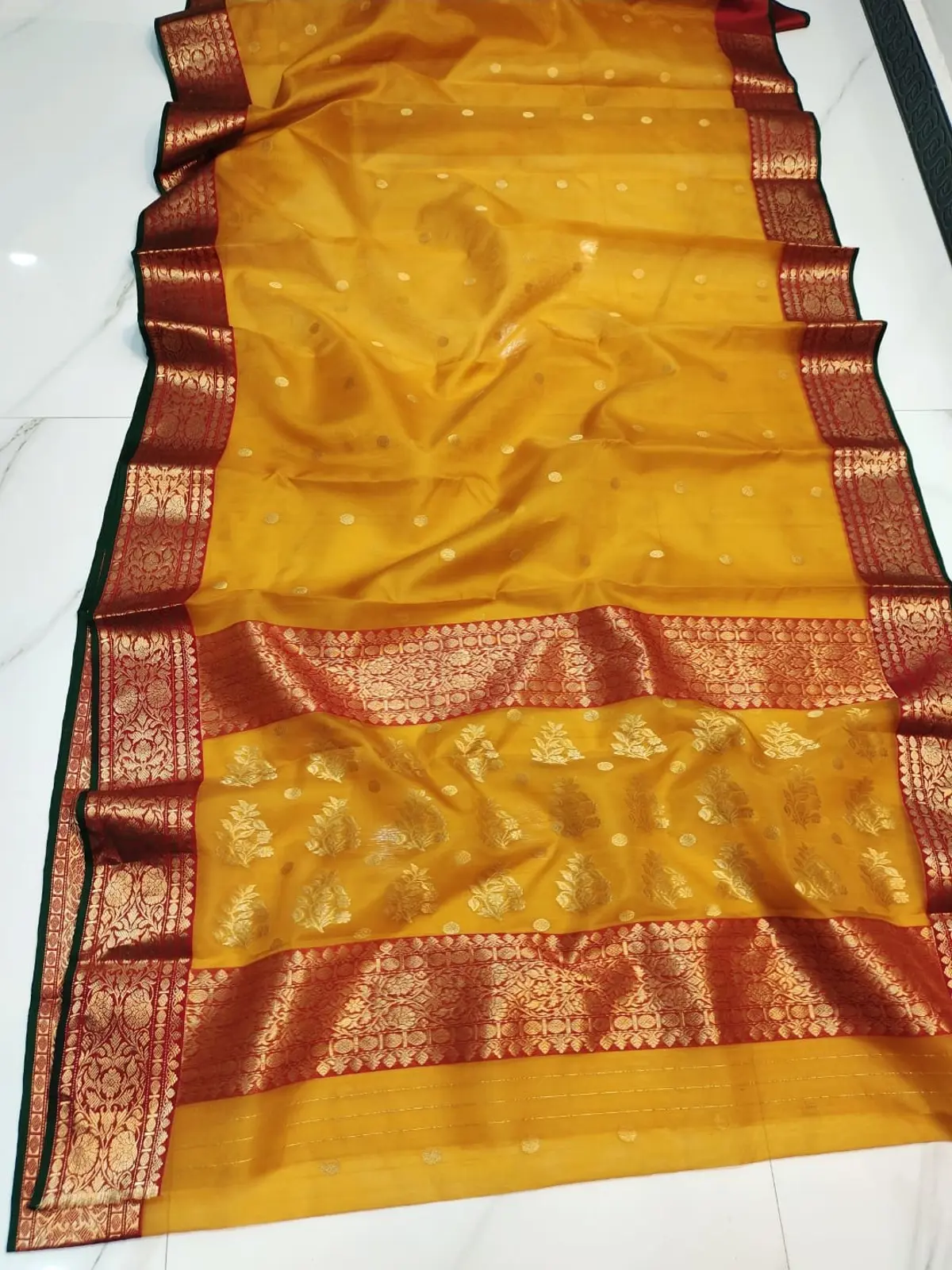 Handwoven Gilded Turmeric & Imperial Vermilion Gilded Turmeric & Imperial Vermilion Kataan Silk Saree - Authentic Chanderi Silk Saree Chanderi Saree - View 1