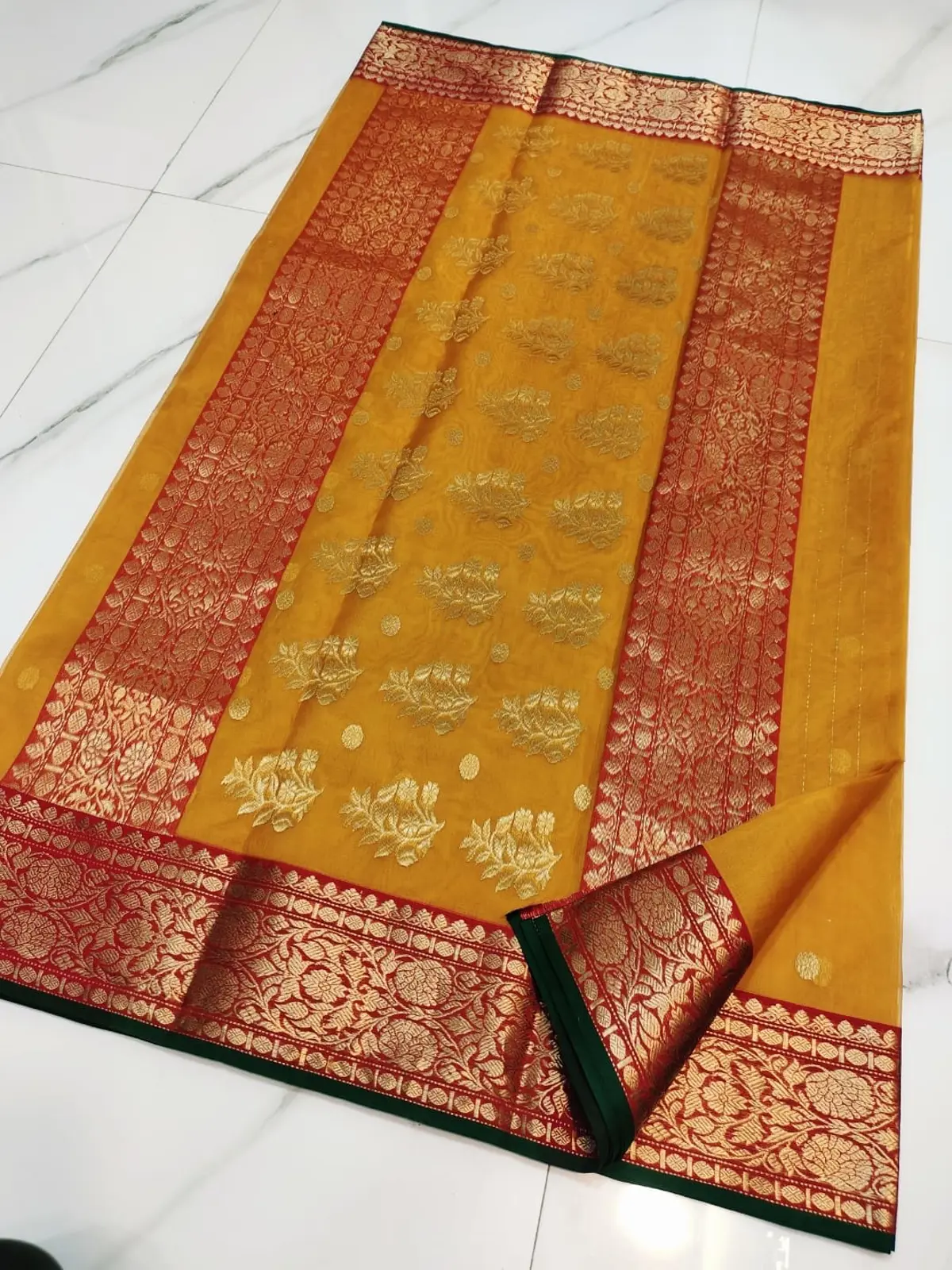 Handwoven Gilded Turmeric & Imperial Vermilion Gilded Turmeric & Imperial Vermilion Kataan Silk Saree - Authentic Chanderi Silk Saree Chanderi Saree - View 2
