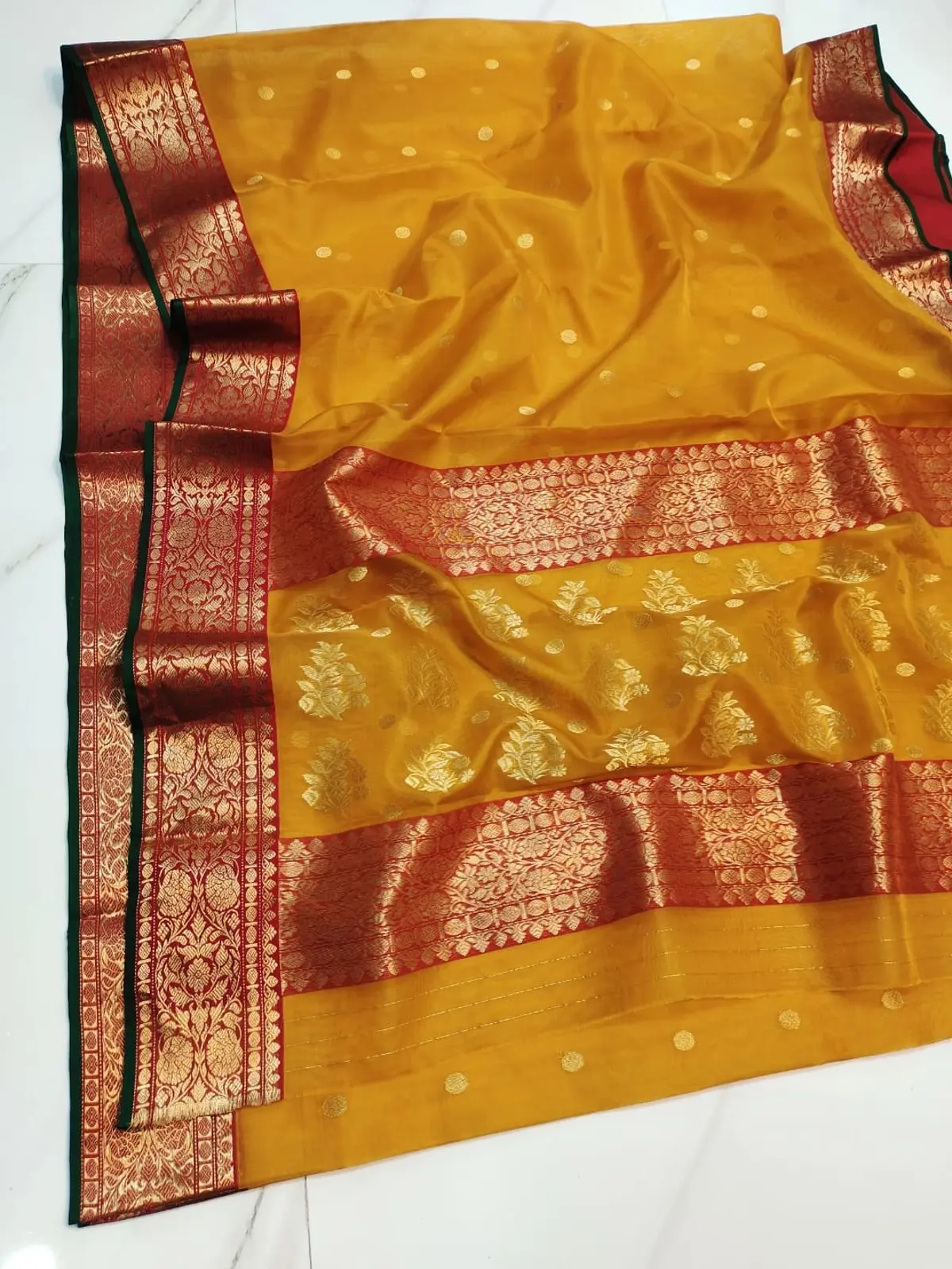 Handwoven Gilded Turmeric & Imperial Vermilion Gilded Turmeric & Imperial Vermilion Kataan Silk Saree - Authentic Chanderi Silk Saree Chanderi Saree - View 3