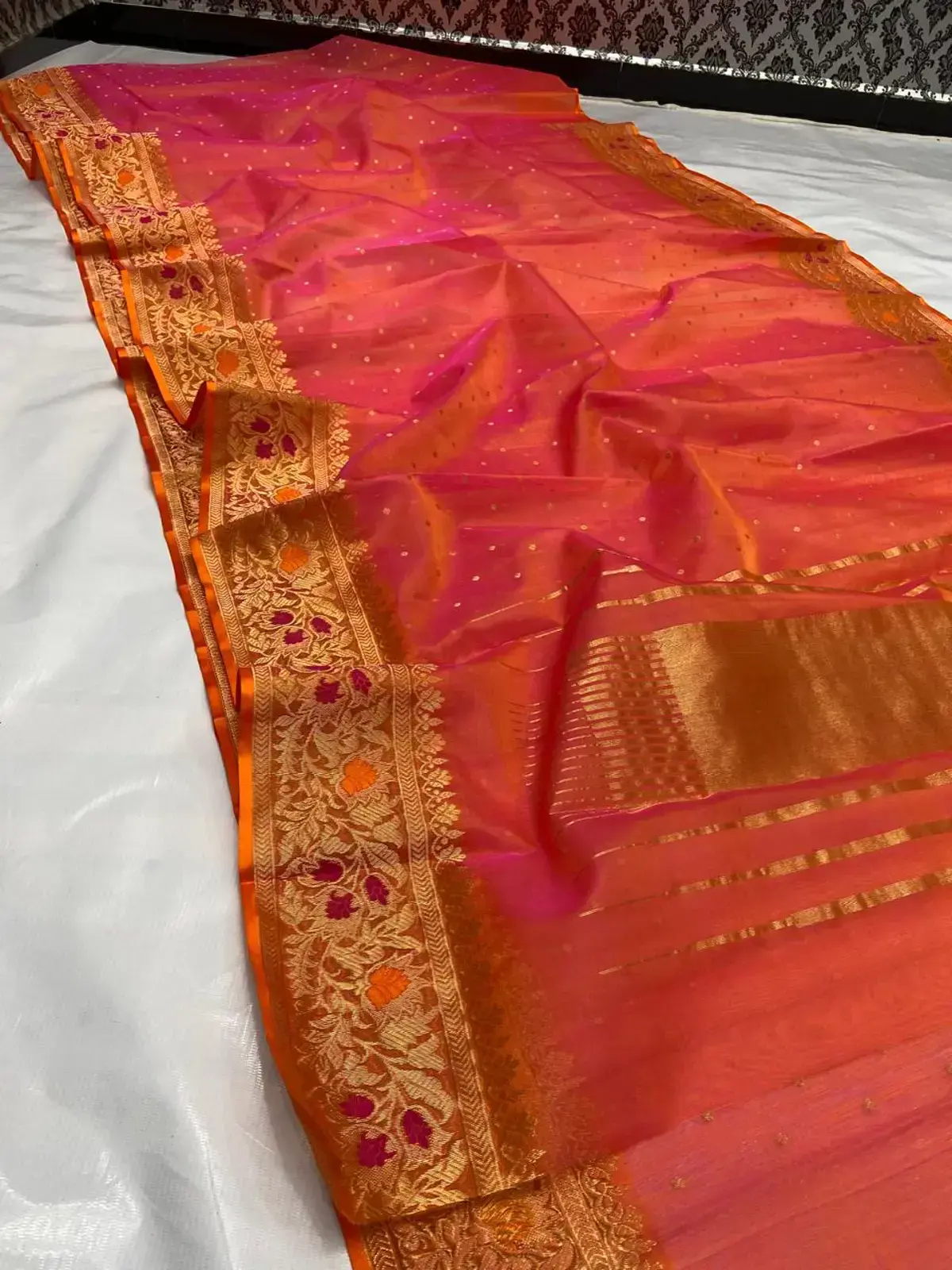 Handwoven Rust Heritage rust with Antique Gold Meenakari Border Pure Katan Silk Saree - Authentic Chanderi Silk Saree Chanderi Saree