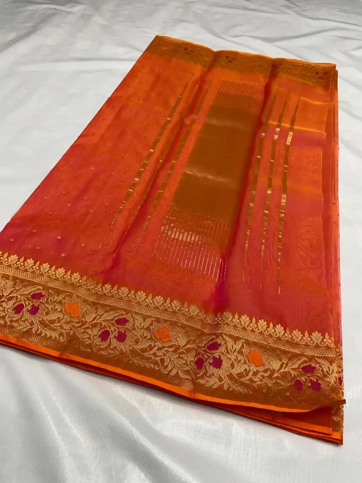 Handwoven Rust Heritage rust with Antique Gold Meenakari Border Pure Katan Silk Saree - Authentic Chanderi Silk Saree Chanderi Saree - View 2