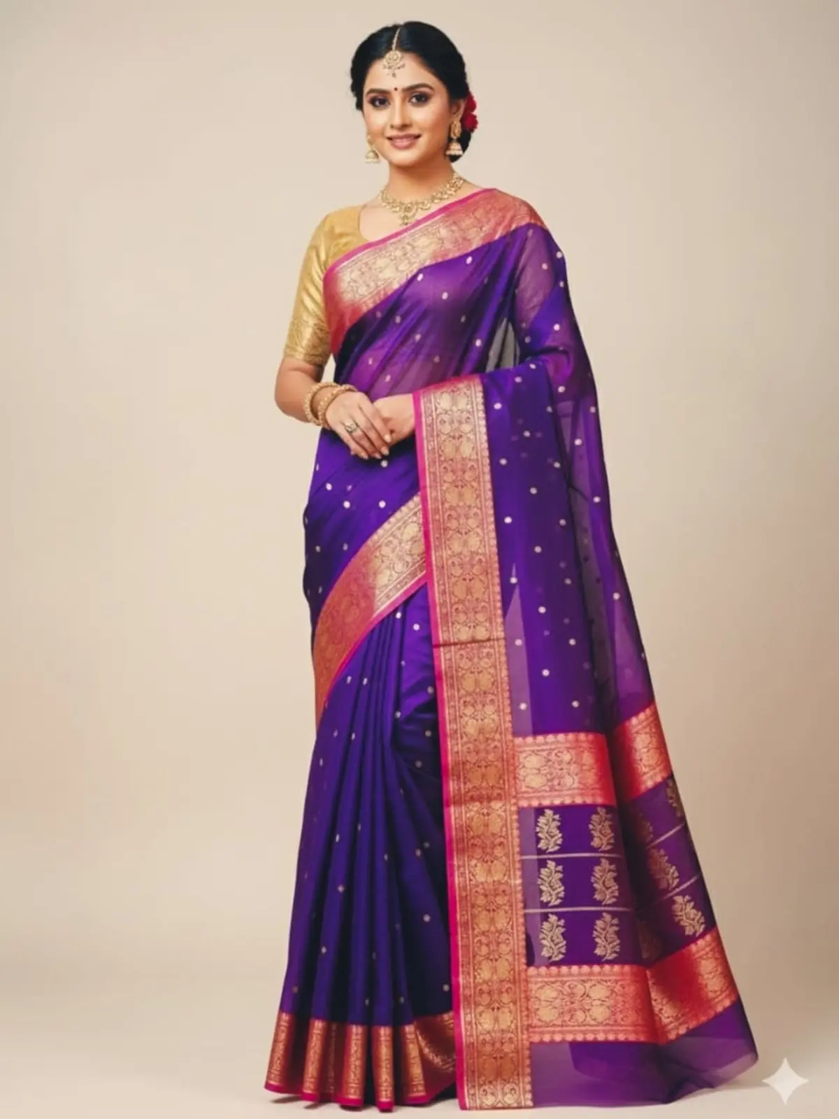Handwoven Imperial Amethyst & Rani Pink with Antique Gold Zari Imperial Amethyst with Rani Pink Contrast and Antique Gold Zari Kataan Silk - Authentic Chanderi Silk Saree Chanderi Saree - View 4