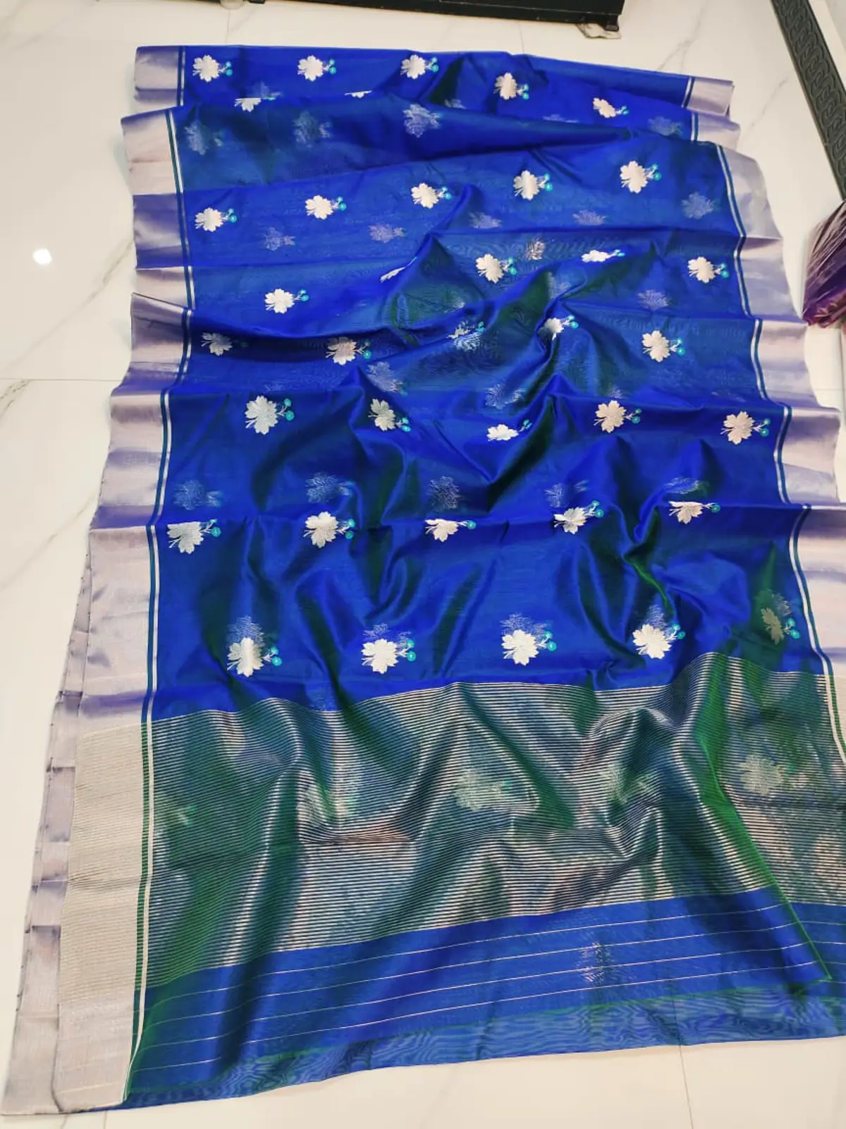 Handwoven Imperial Cobalt & Verdant Silver Imperial Cobalt & Verdant Silver Pattu Silk Saree - Authentic Chanderi Silk Saree Chanderi Saree