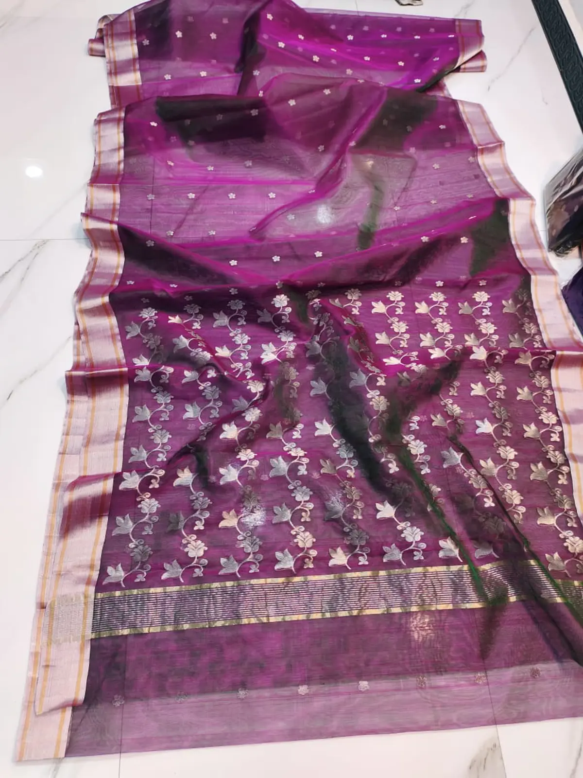 Imperial Magenta with Silver and Antique Gold Zari Accents Kataan Silk Saree - Handloom Chanderi Saree