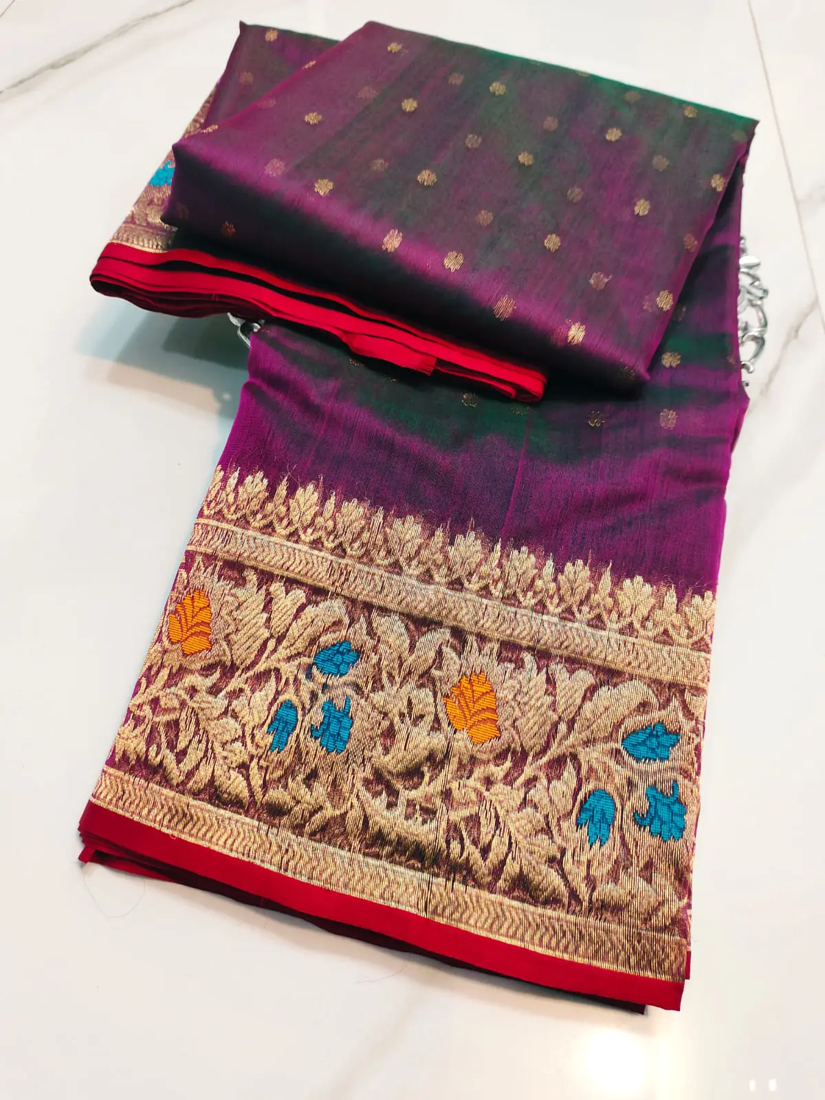 Handwoven Imperial Plum with Antique Gold & Teal Accents Imperial Plum with Antique Gold & Teal Accents Kataan Silk Saree - Authentic Chanderi Silk Saree Chanderi Saree - View 3