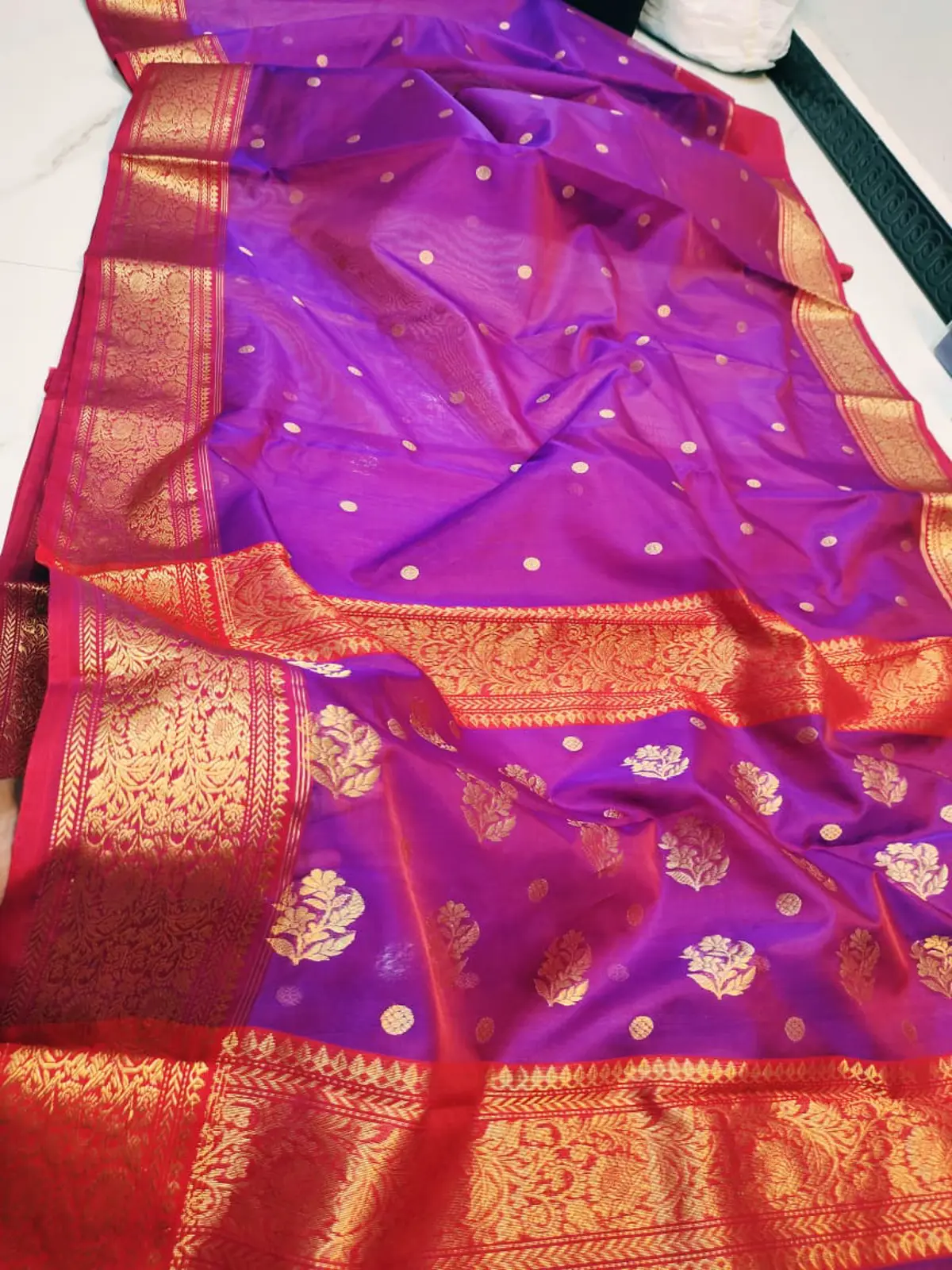 Handwoven Imperial Violet & Crimson with Gilded Zari Imperial Violet with Gilded Floral Booti and Crimson Zari Border Chanderi Silk - Authentic Chanderi Silk Saree Chanderi Saree - View 1