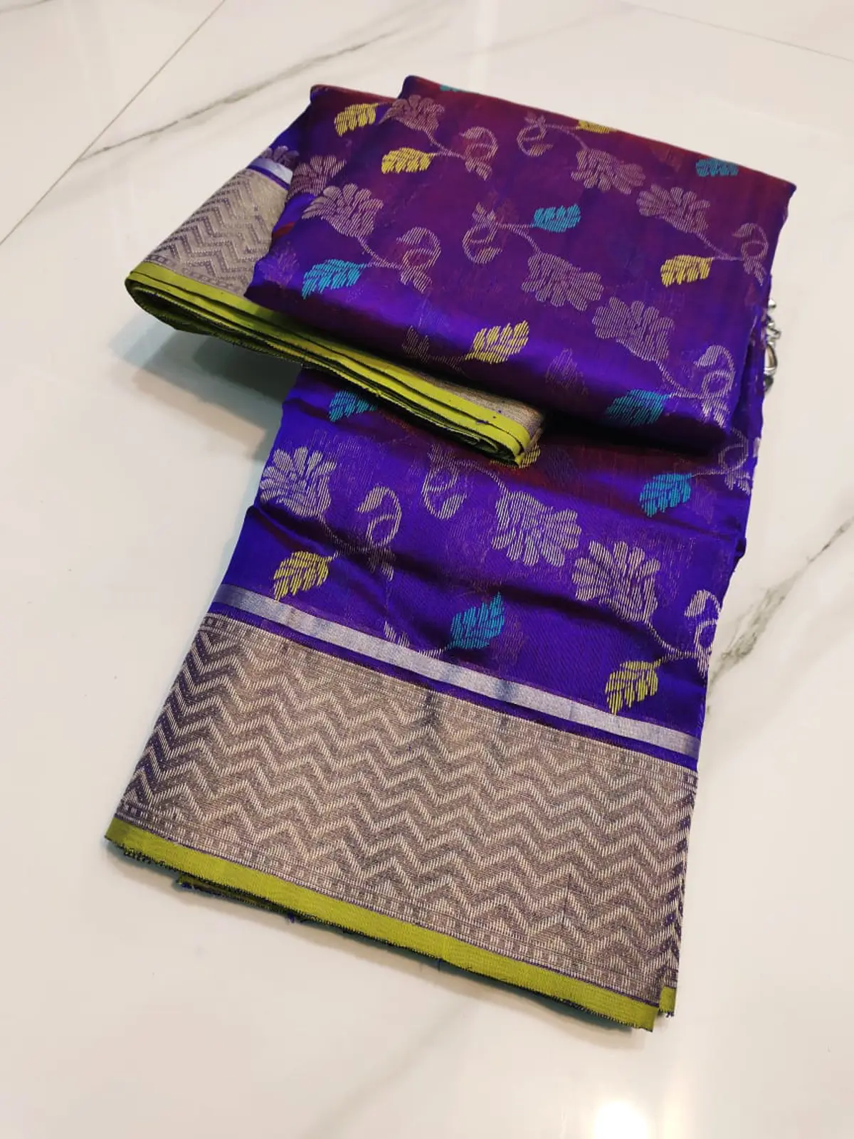 Handwoven Imperial Violet with Silver Zari & Teal-Gold Accents Imperial Violet with Silver Zari Chevron Border Pattu Silk - Authentic Chanderi Silk Saree Chanderi Saree - View 1