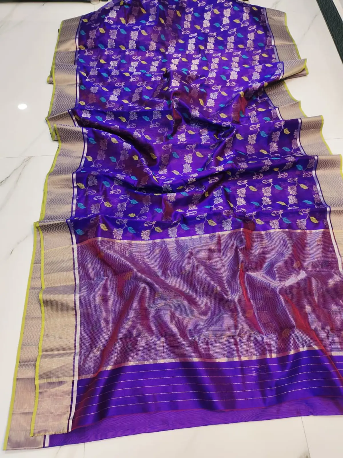 Handwoven Imperial Violet with Silver Zari & Teal-Gold Accents Imperial Violet with Silver Zari Chevron Border Pattu Silk - Authentic Chanderi Silk Saree Chanderi Saree - View 4