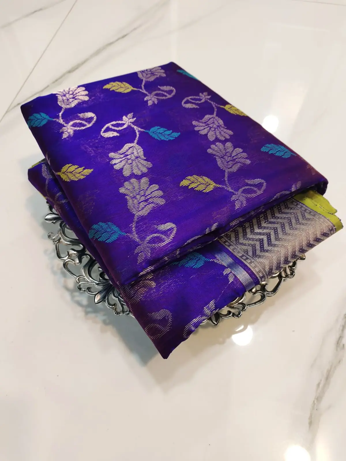 Handwoven Imperial Violet with Silver Zari & Teal-Gold Accents Imperial Violet with Silver Zari Chevron Border Pattu Silk - Authentic Chanderi Silk Saree Chanderi Saree - View 5