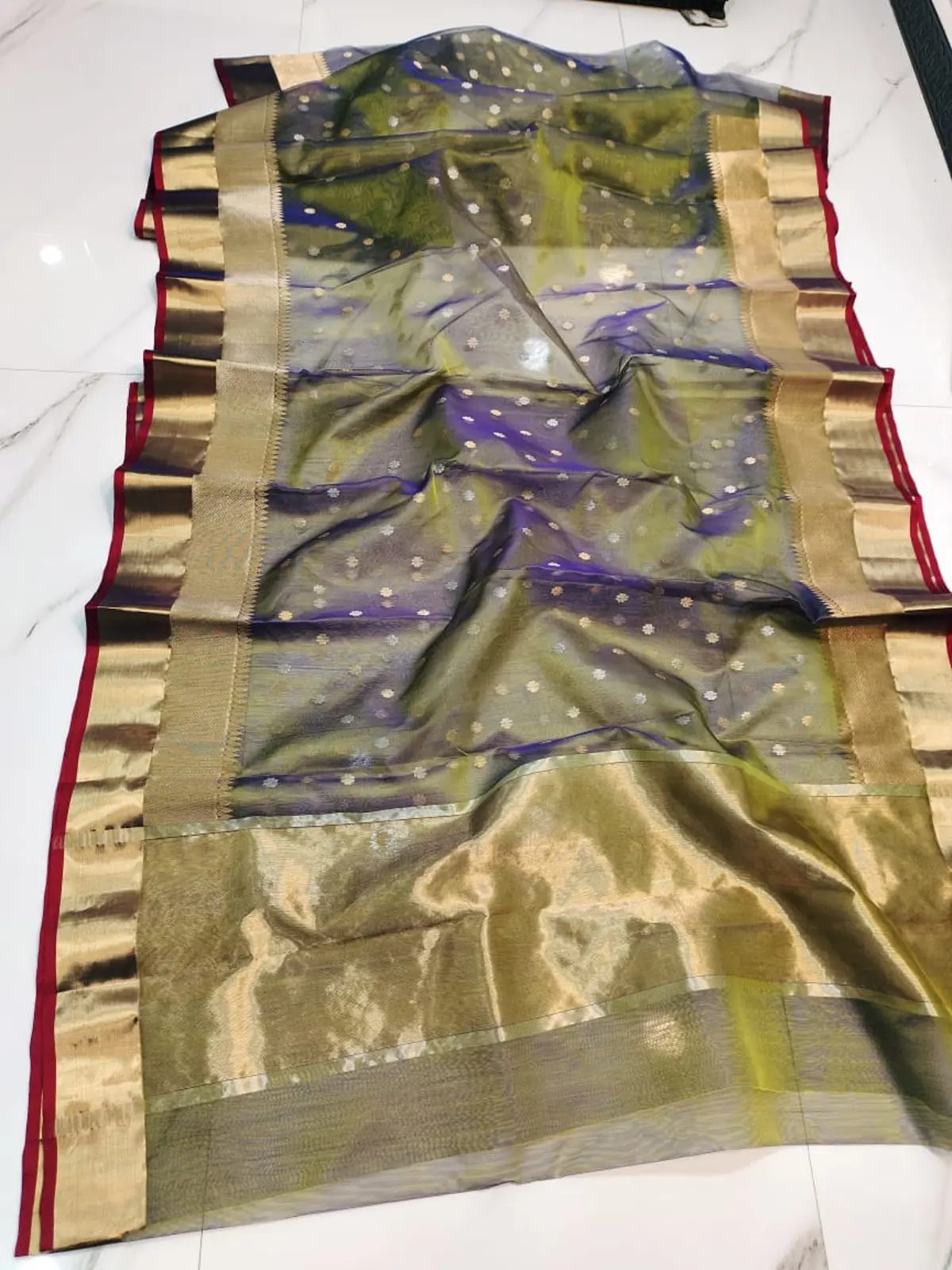 Handwoven Iridescent Twilight (Indigo-Olive) with Antique Gold Zari & Deep Maroon Selvedge Iridescent Twilight (Indigo-Olive) with Antique Gold Zari & Deep Maroon Selvedge Kataan Silk Saree - Authentic Chanderi Silk Saree Chanderi Saree - View 1