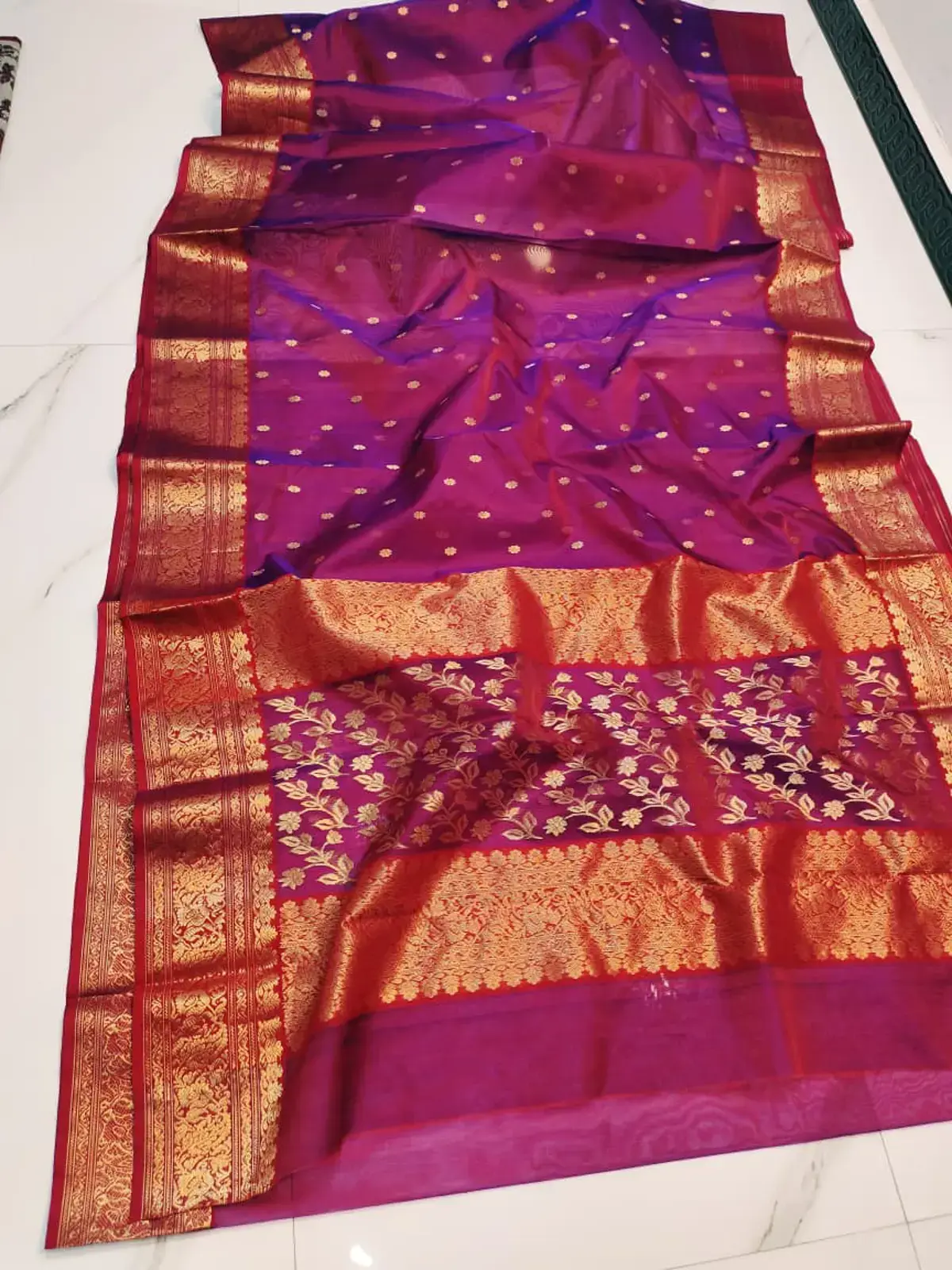 Ivory Blossom with Gold Zari Butti Kataan Silk - Handloom Chanderi Saree