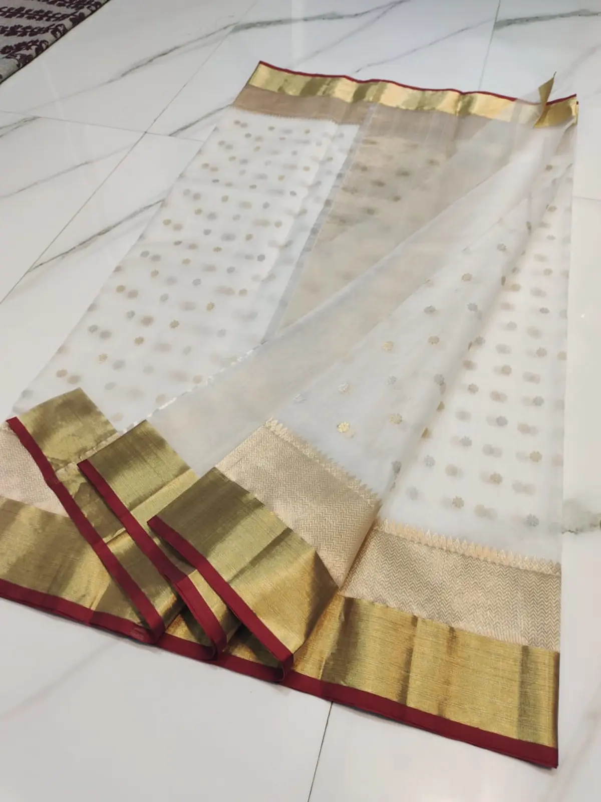 Handwoven Ivory & Gold Zari Ivory Blossom with Gold Zari Butti Kataan Silk - Authentic Chanderi Silk Saree Chanderi Saree - View 1