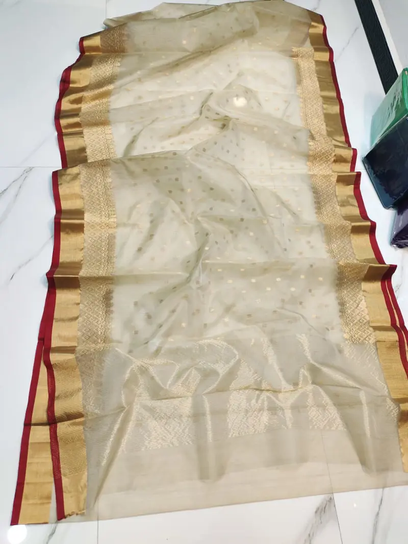 Ivory Mist with Antique Gold Zari Booti Kataan Silk
